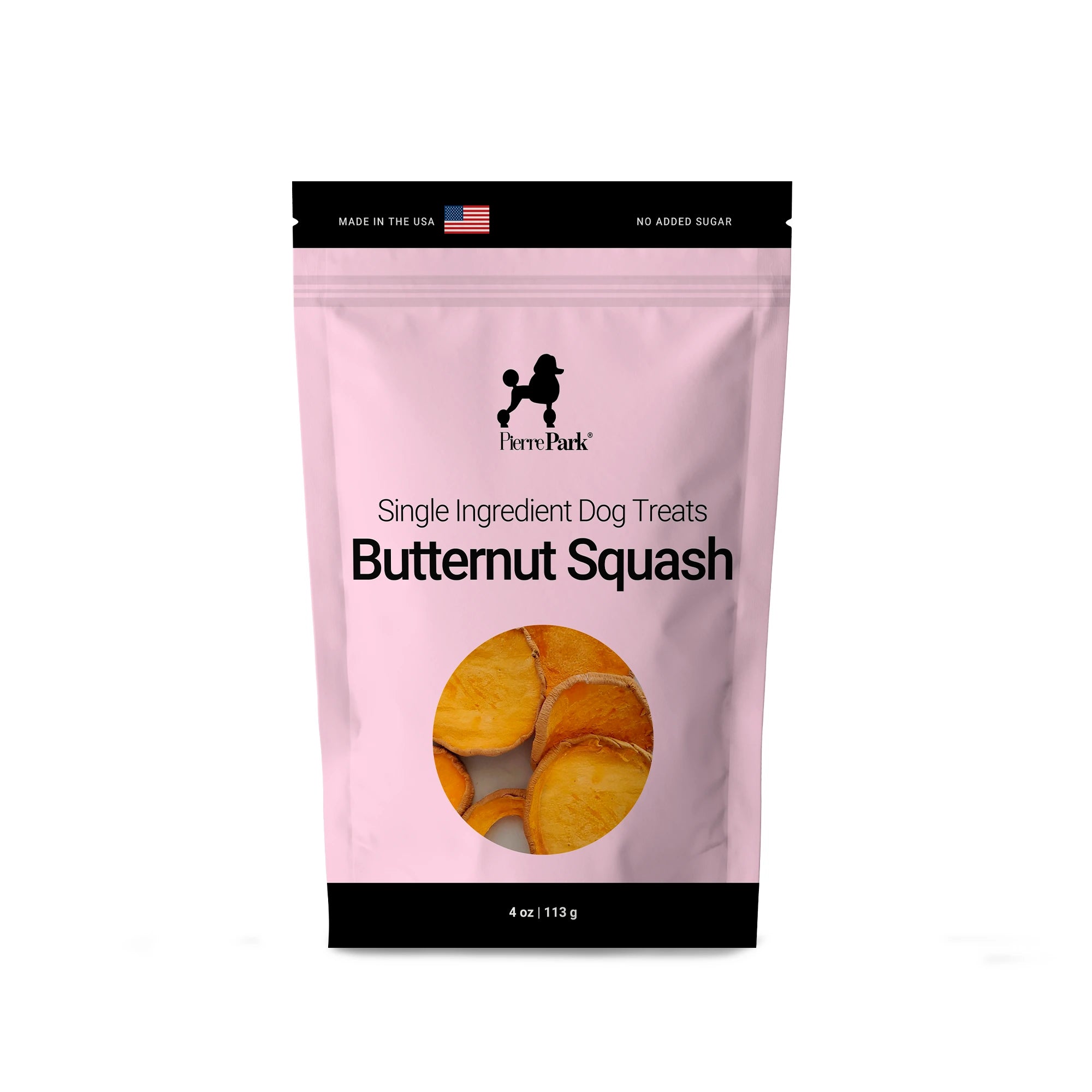 Butternut squash dog treats by PierrePark in a pink bag, labeled Made in the USA with No Added Sugar, showing visible product slices through a transparent window.