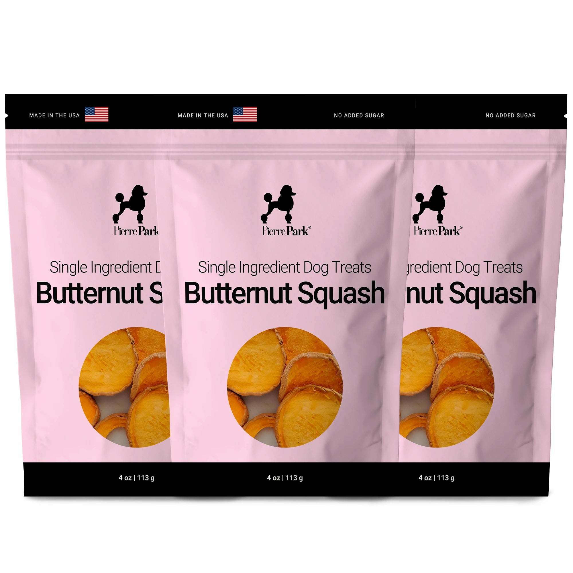 Three-pack of PierrePark butternut squash single ingredient dog treats in pink packaging, each bag marked Made in the USA and No Added Sugar. The bags feature a clear window displaying the sliced butternut squash treats, emphasizing the single-ingredient, healthy snack option for dogs.