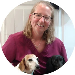 A veterinarian wearing glasses and a maroon top smiles while sitting with two dachshunds, one brown and white, the other black. They are indoors, with a light-colored background.