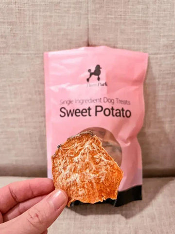 Close-up of a hand holding a dried sweet potato slice. In the background, theres a pink package labeled Single Ingredient Dog Treats - Sweet Potato with a silhouette of a dog on it, resting against a fabric surface.