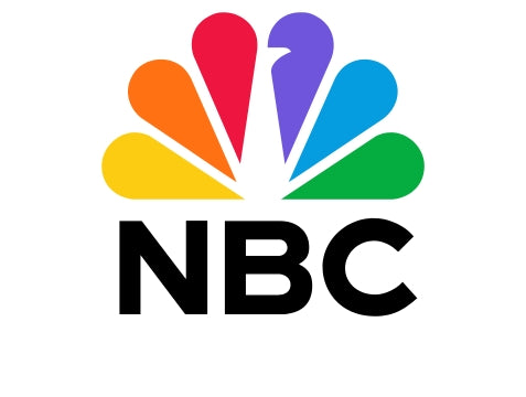 NBC logo featuring a peacock with six colorful feathers in red, orange, yellow, green, blue, and purple above the black letters NBC on a white background.