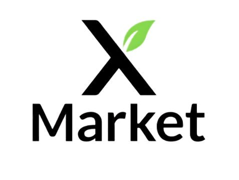 Logo with a large black letter X adorned with a green leaf at the top right, above the word Market in black text. The background is white.