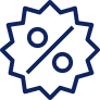 A dark blue starburst shape features a white percentage symbol in the center. The symbol consists of a diagonal line with a small circle above and below it.