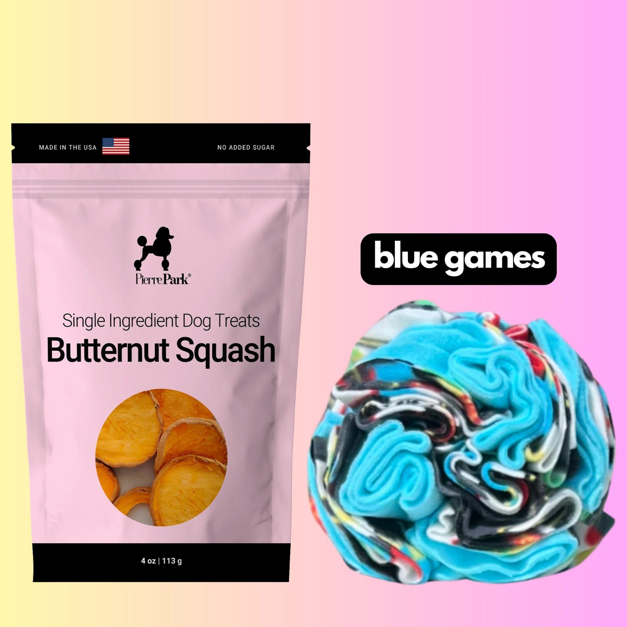 On the left is PierreParks Butternut Squash Dog Treats with sliced squash imagery, while on the right is a pastel background showcasing a blue games Snuffle Ball from the Butternut Squash Dog Treats & Blue Games Snuffle Ball Bundle.