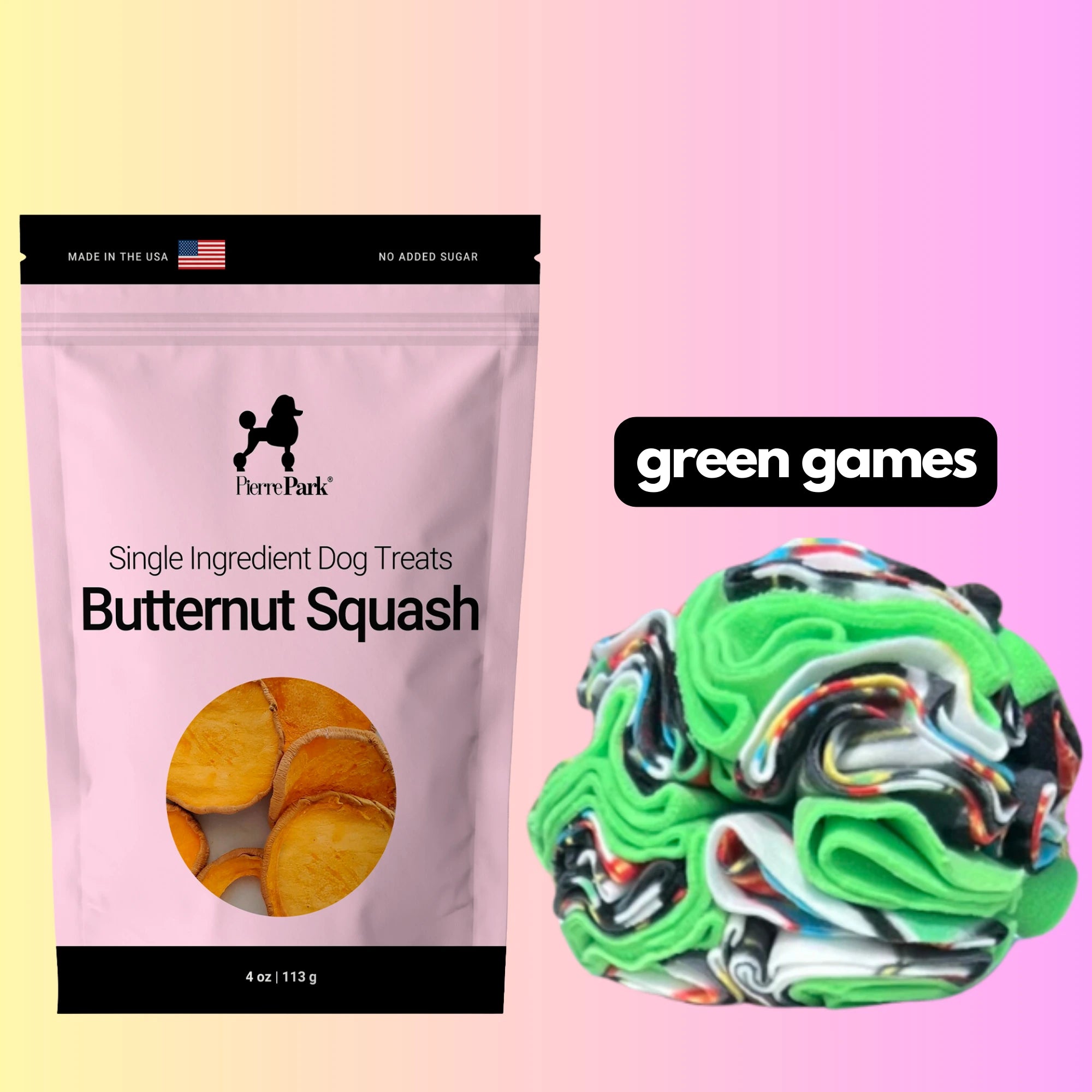 On the left is a bag from PierreParks Butternut Squash Dog Treats & Green Games Snuffle Ball Bundle, featuring a pink-yellow gradient backdrop.