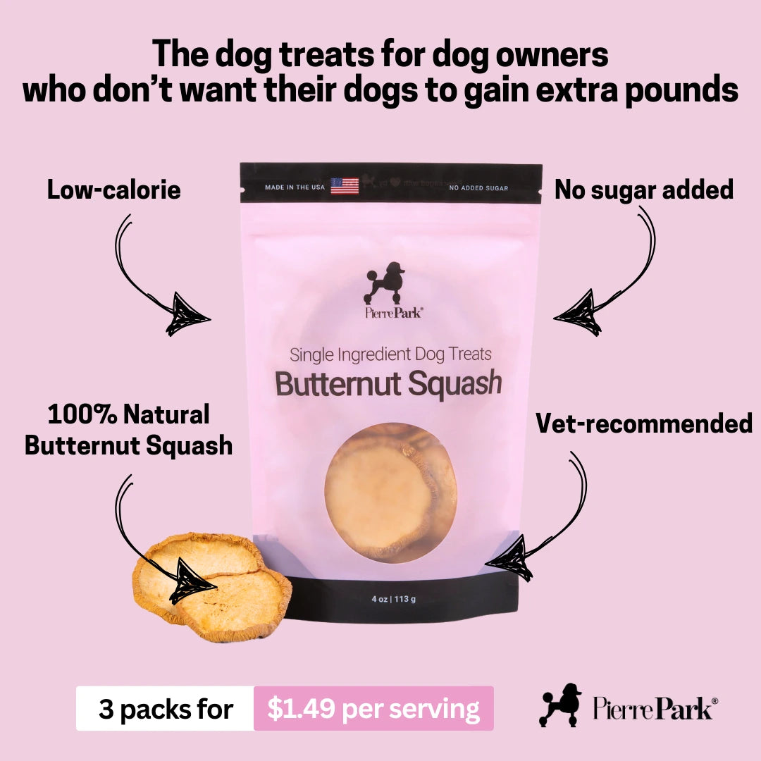 A pink bag of PierrePark Butternut Squash Dog Treats is shown, featuring low-calorie, no sugar added, vet-recommended, and rich in vitamins and minerals. Text: 3 packs for $1.49 per serving.