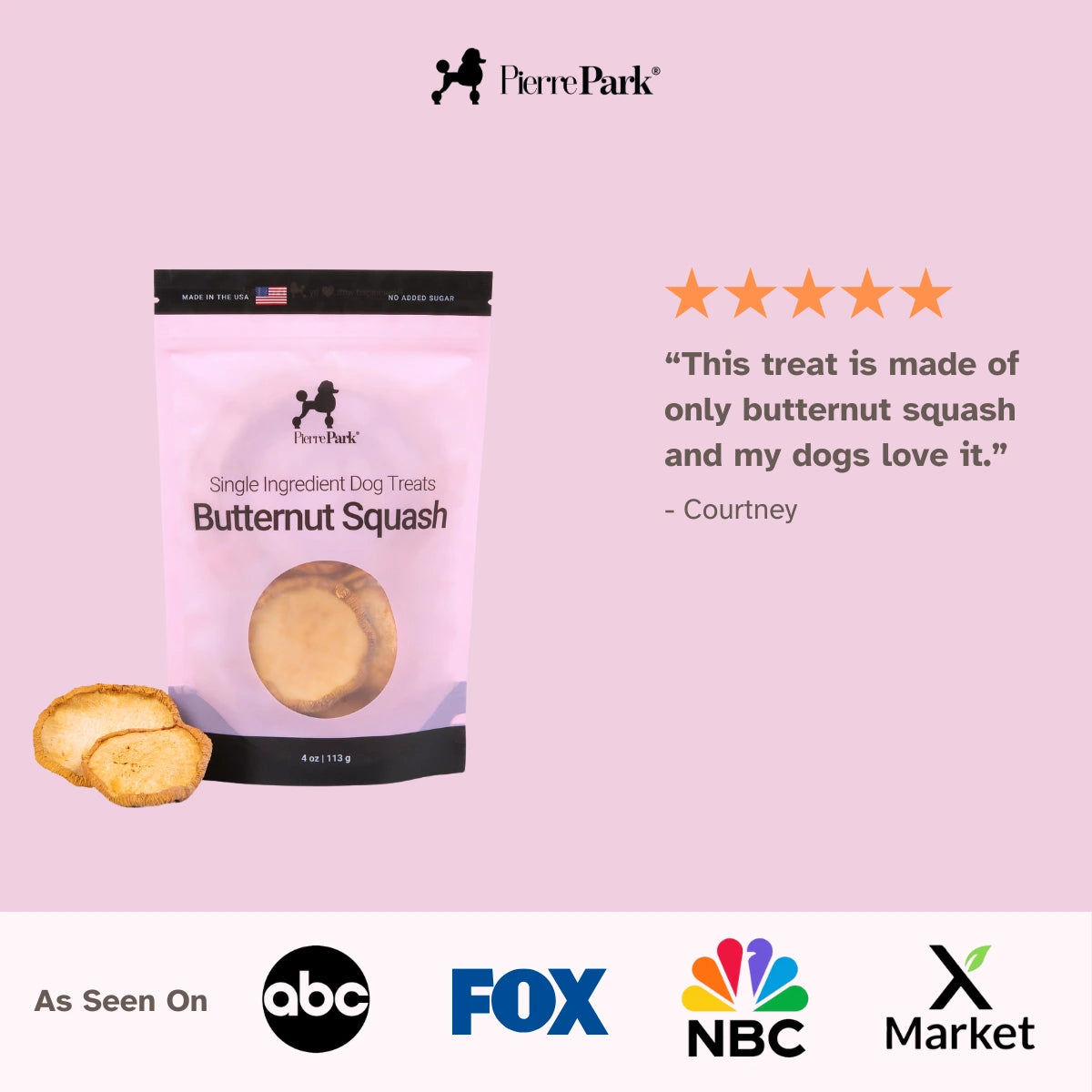 A bag of PierrePark Butternut Squash Dog Treats with treat pieces, a 5-star rating, a customer quote, and ABC, FOX, NBC, and X Market logos—tasty treats made from butternut squash to support your dogs digestive health.