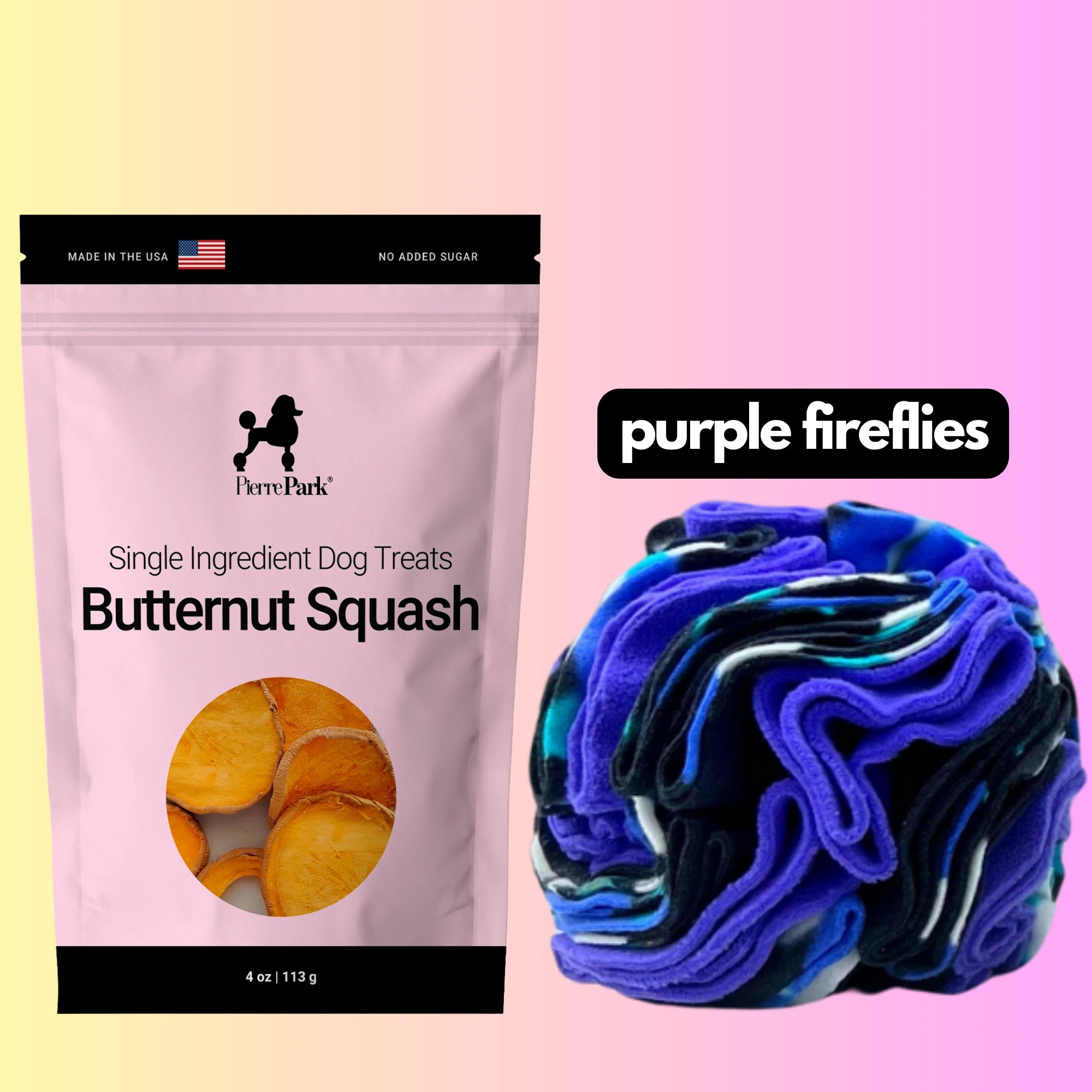 A PierrePark Butternut Squash Dog Treats & Purple Fireflies Snuffle Ball Bundle features vibrant colors of purple, blue, and black against a pink and purple gradient background.