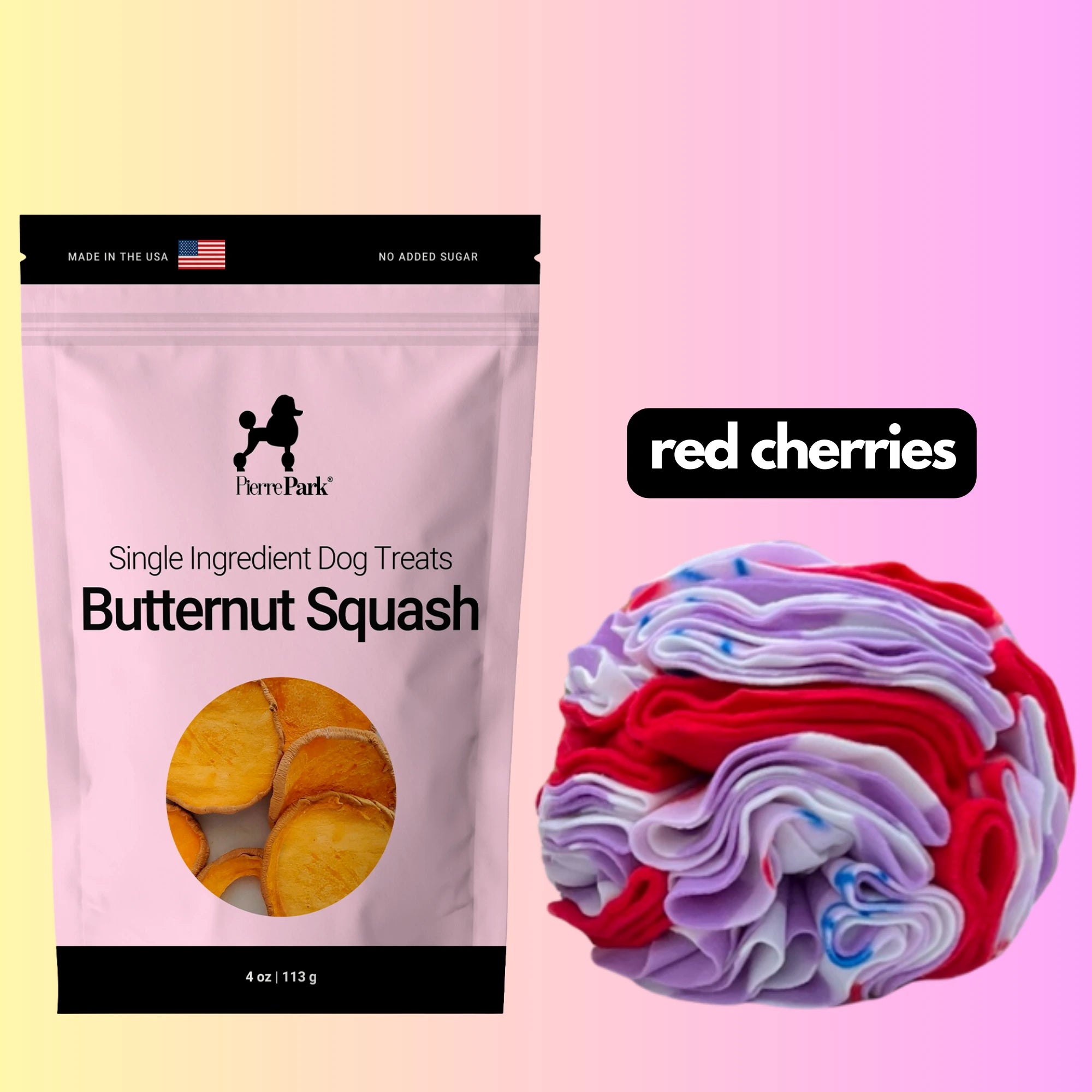 Against a pastel gradient backdrop, PierreParks Butternut Squash Dog Treats display a cut squash image on the left, while on the right, a colorful swirl suggests red cherries labeled “red cherries” from the Red Cherries Snuffle Ball Bundle.