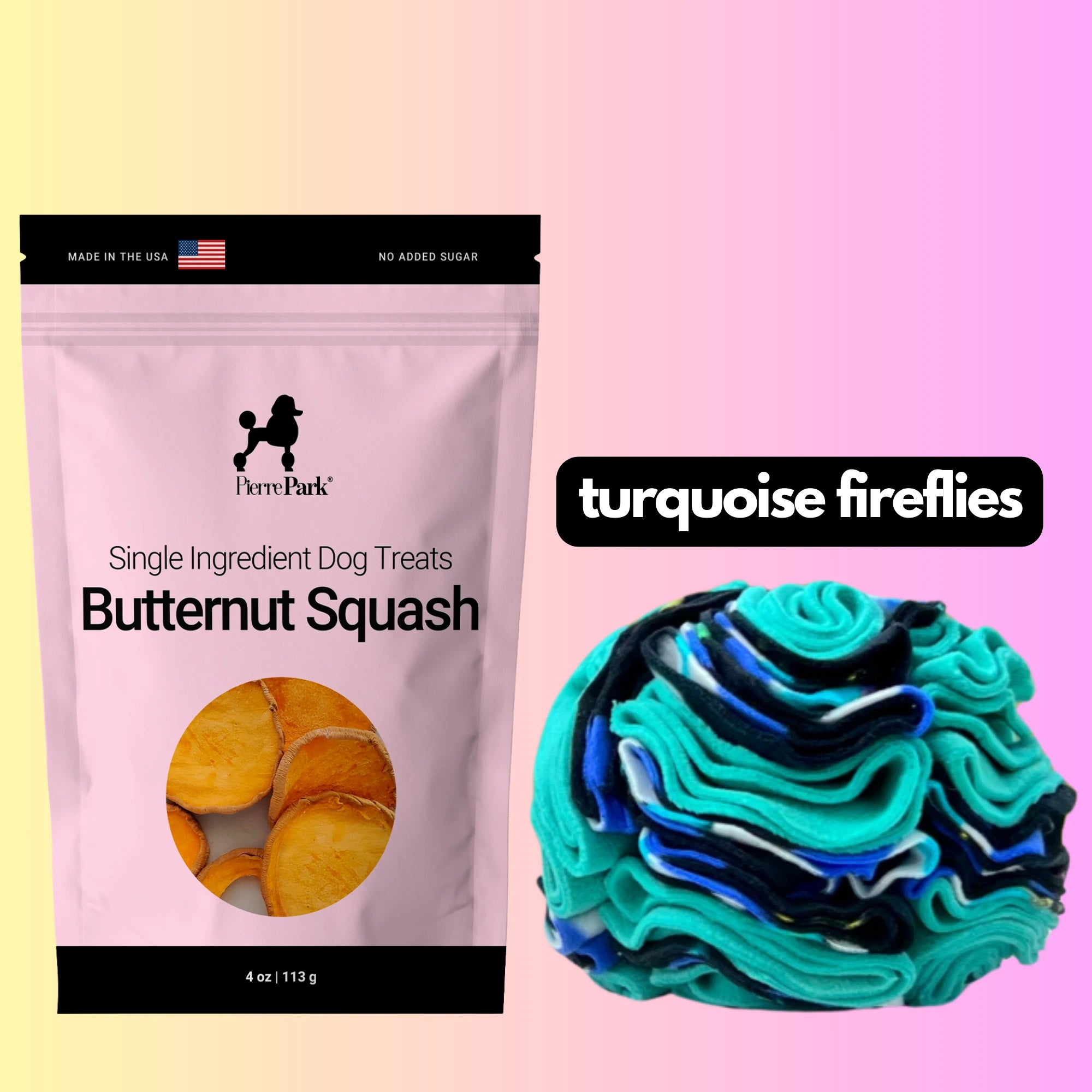 PierreParks Butternut Squash Dog Treats & Turquoise Fireflies Snuffle Ball Bundle showcases a bag of single-ingredient squash dog treats with sliced squash imagery, alongside a vibrant turquoise, teal, and black snuffle toy. The background displays a pink to yellow gradient.