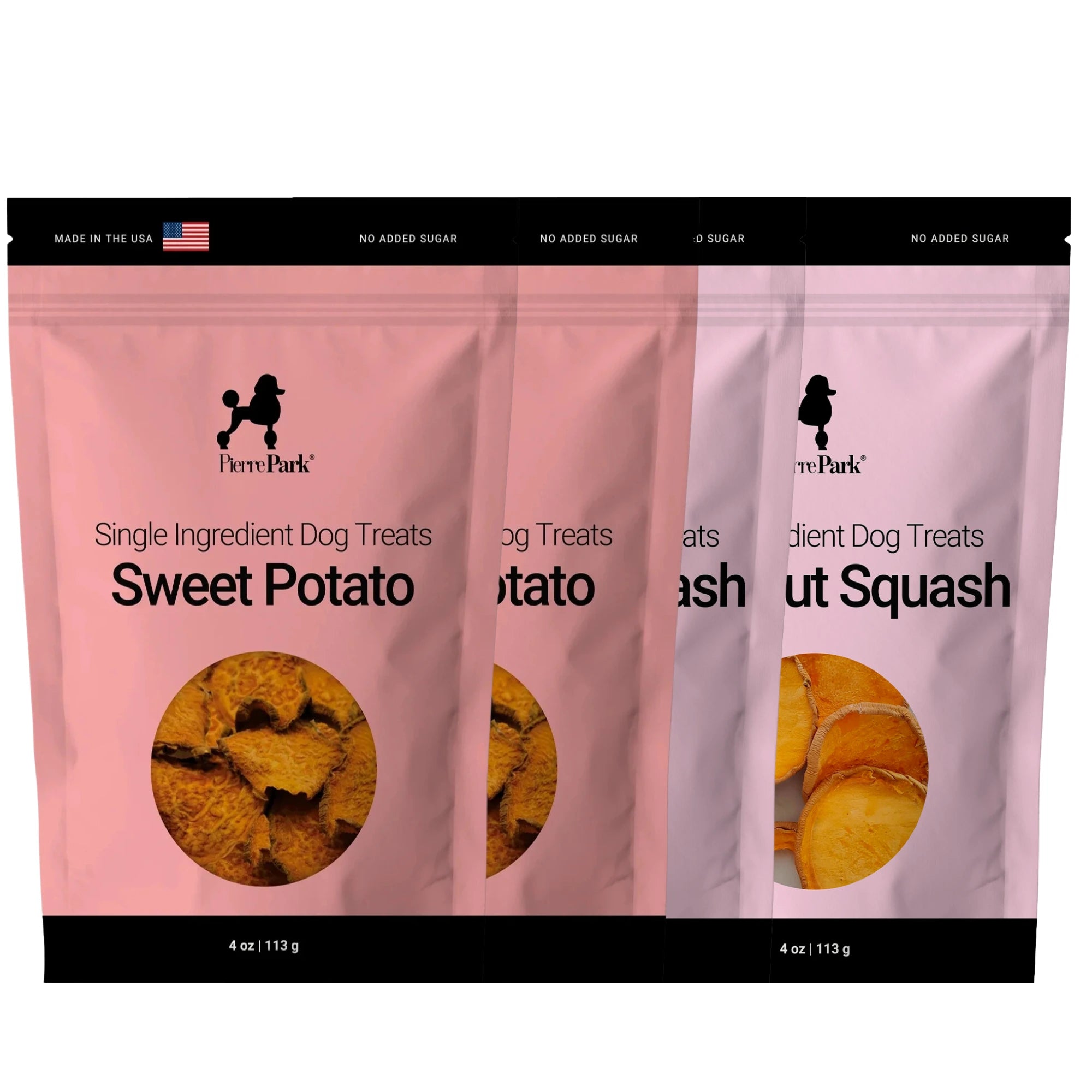 The Healthy Dog Treats Family 4-Pack by PierrePark features three packages: the left and middle labeled Sweet Potato highlighting Single Ingredient Dog Treats with sliced sweet potato images, and the right labeled Butternut Squash.