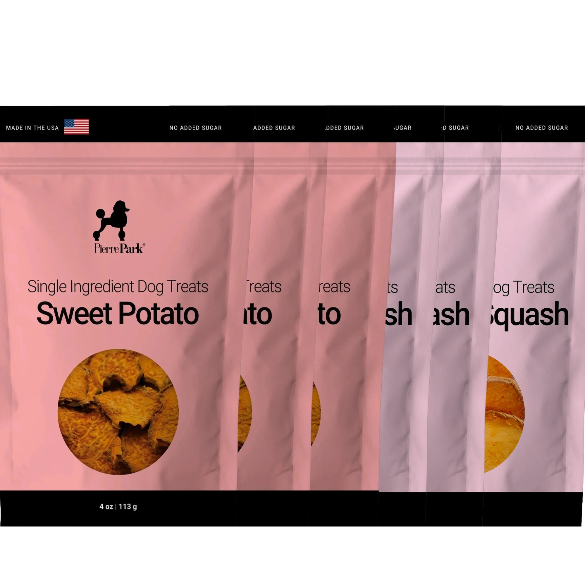 Displayed are five packages from the PierrePark Healthy Dog Treats Family 6-Pack, featuring labels Sweet Potato and Butternut Squash. Each bag shows a stylized poodle logo and an American flag, denoting they are made in the USA.