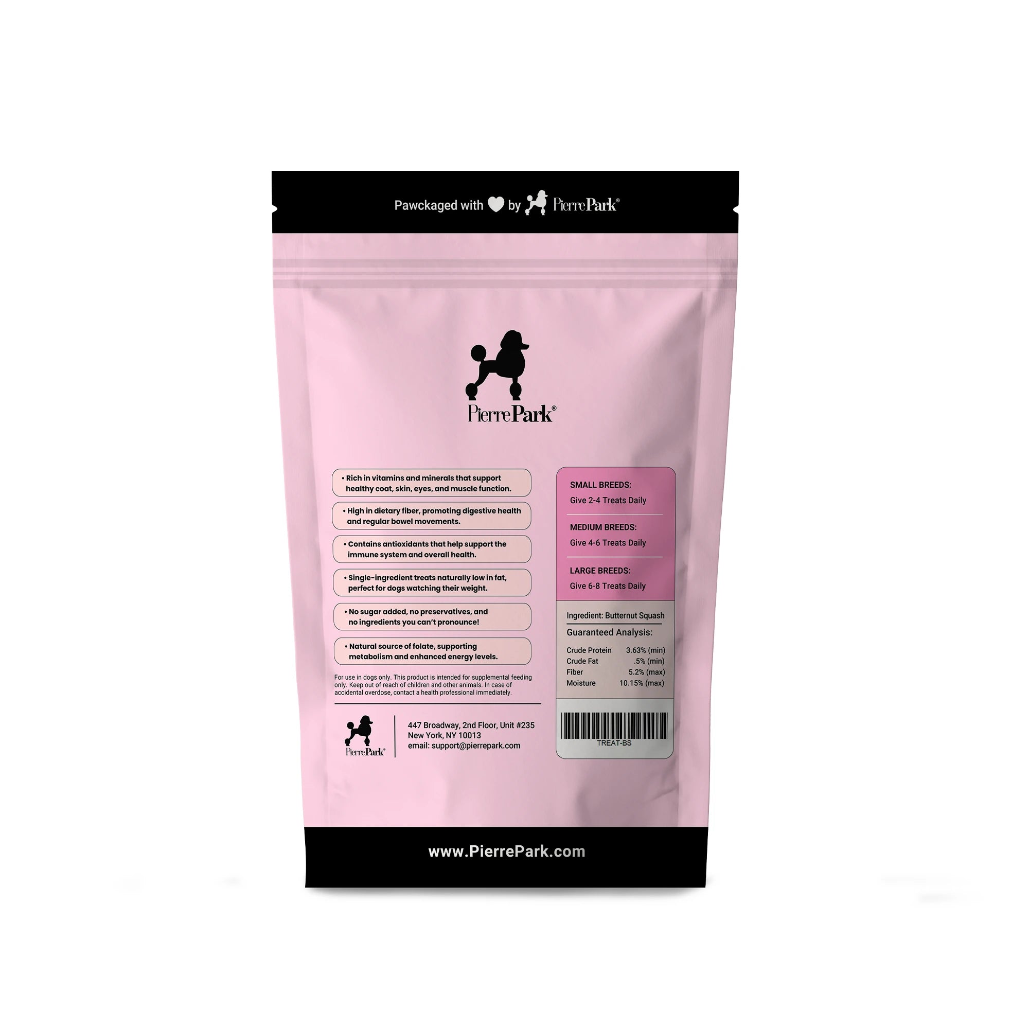Back view of a PierrePark butternut squash hypoallergenic dog treats package in pink, displaying nutritional information and feeding guidelines for small, medium, and large breeds. The package highlights benefits such as no sugar added and high in dietary fiber, along with the brand's website, www.PierrePark.com, and contact details.