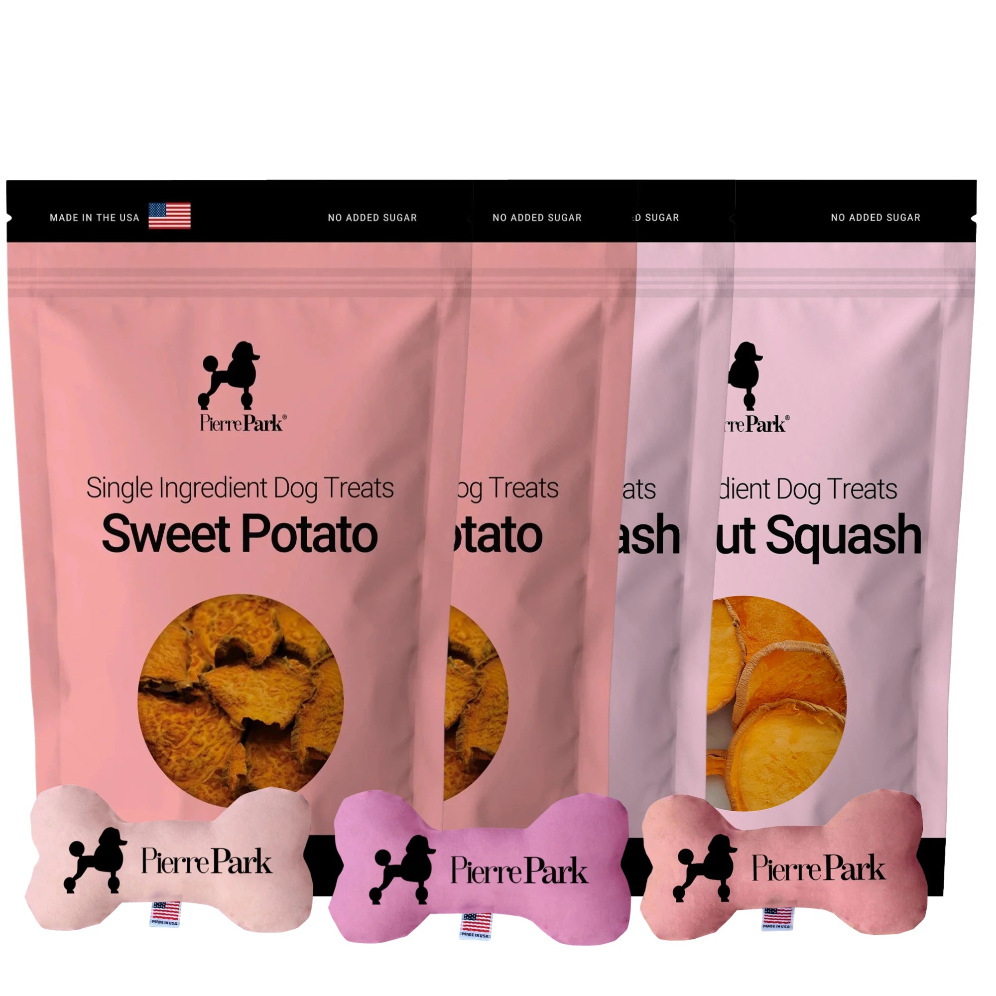 Three bags from the PierrePark New Puppy Gift Basket Bundle are displayed, featuring sweet potato and butternut squash flavors. Each bag has a see-through section highlighting the treat shapes, with bone-shaped decorations at the bottom—ideal for a new puppy gift basket.