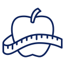 A simple line drawing of an apple with a measuring tape wrapped around it, symbolizing diet or healthy eating. The outline is in dark blue.