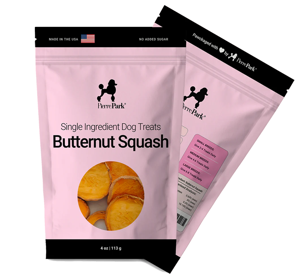 Pink packaging of Pierre Park dog treats with images of butternut squash. Text states Single Ingredient Dog Treats and Made in the USA, No Added Sugar. Icon of a dog and USA flag are visible. Two bags are shown, one front-facing and one angled.