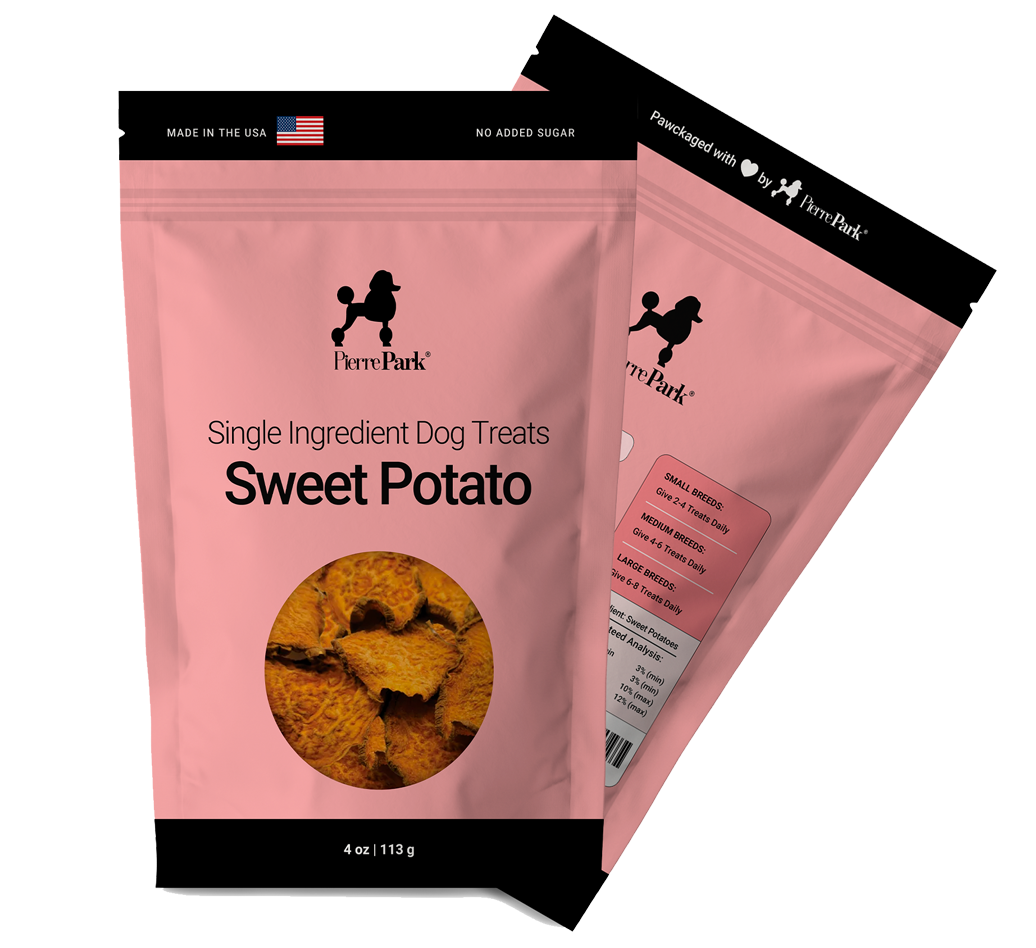 Two pink bags of Pierre Park single ingredient dog treats lie against one another. The front bag displays the label Sweet Potato with an image of the treats. The product is made in the USA with no added sugar.