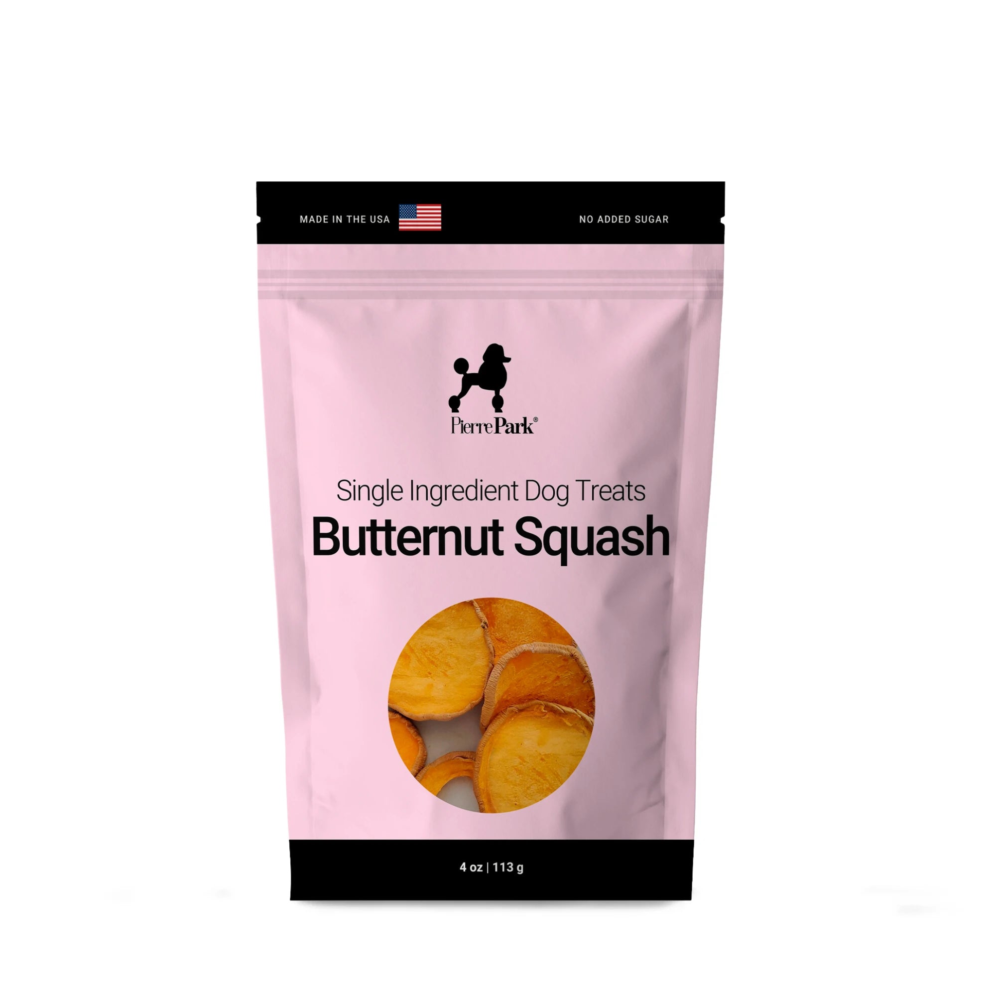 Butternut squash single ingredient dog treats by PierrePark in a pink bag, labeled Made in the USA with No Added Sugar, showing visible product slices through a transparent window.
