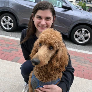 A person with long dark hair is crouching on a sidewalk, smiling, and hugging a large curly-haired dog. A parked gray vehicle is visible on the street behind them.