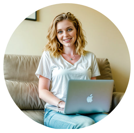 Smiling woman with wavy blonde hair sits on a beige couch, using a silver laptop. Shes wearing a white t-shirt and jeans, in a relaxed home setting. The background is softly lit.
