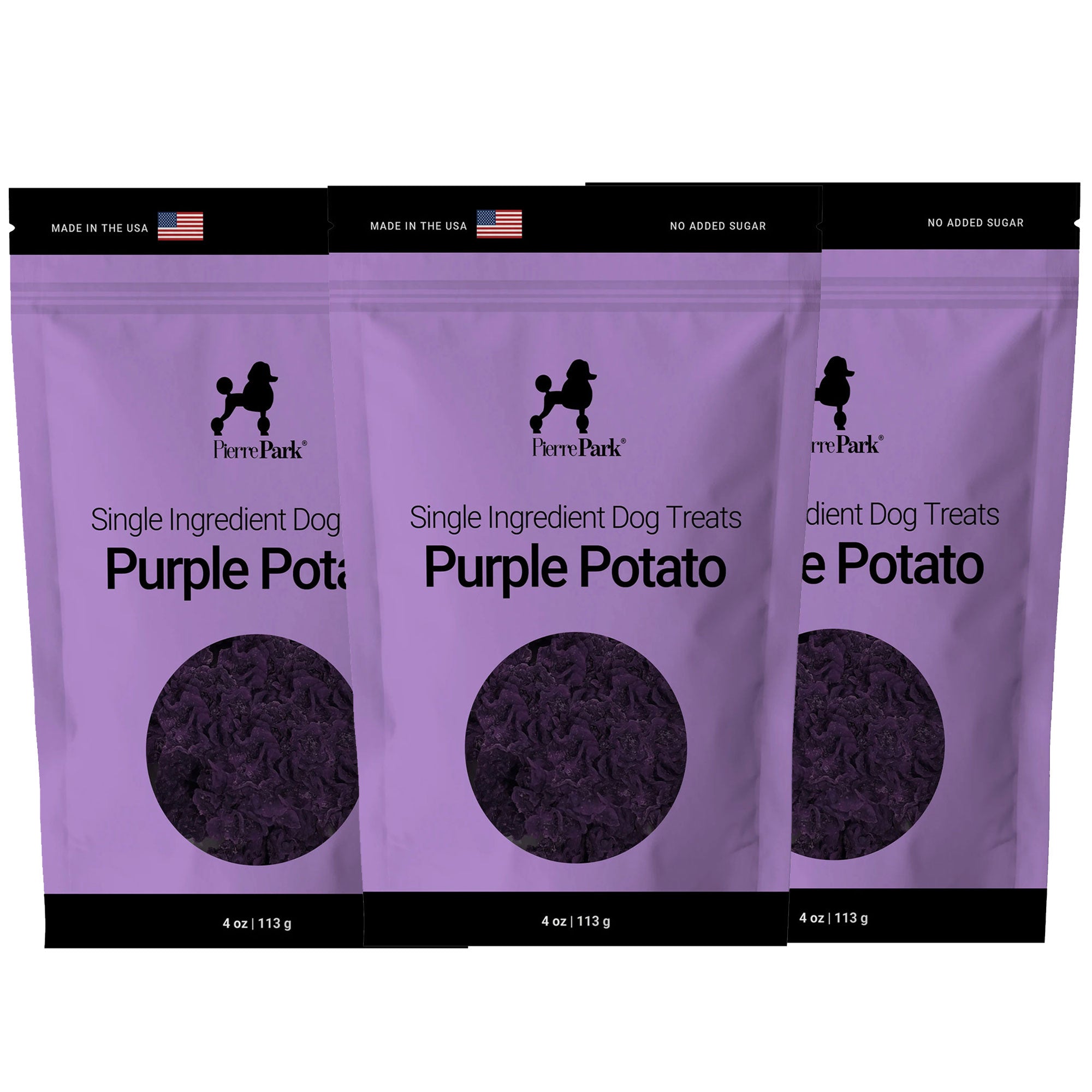 Three 4 oz (113g) bags of PierrePark Purple Potato Dog Treats with a poodle silhouette and American flag on the package.