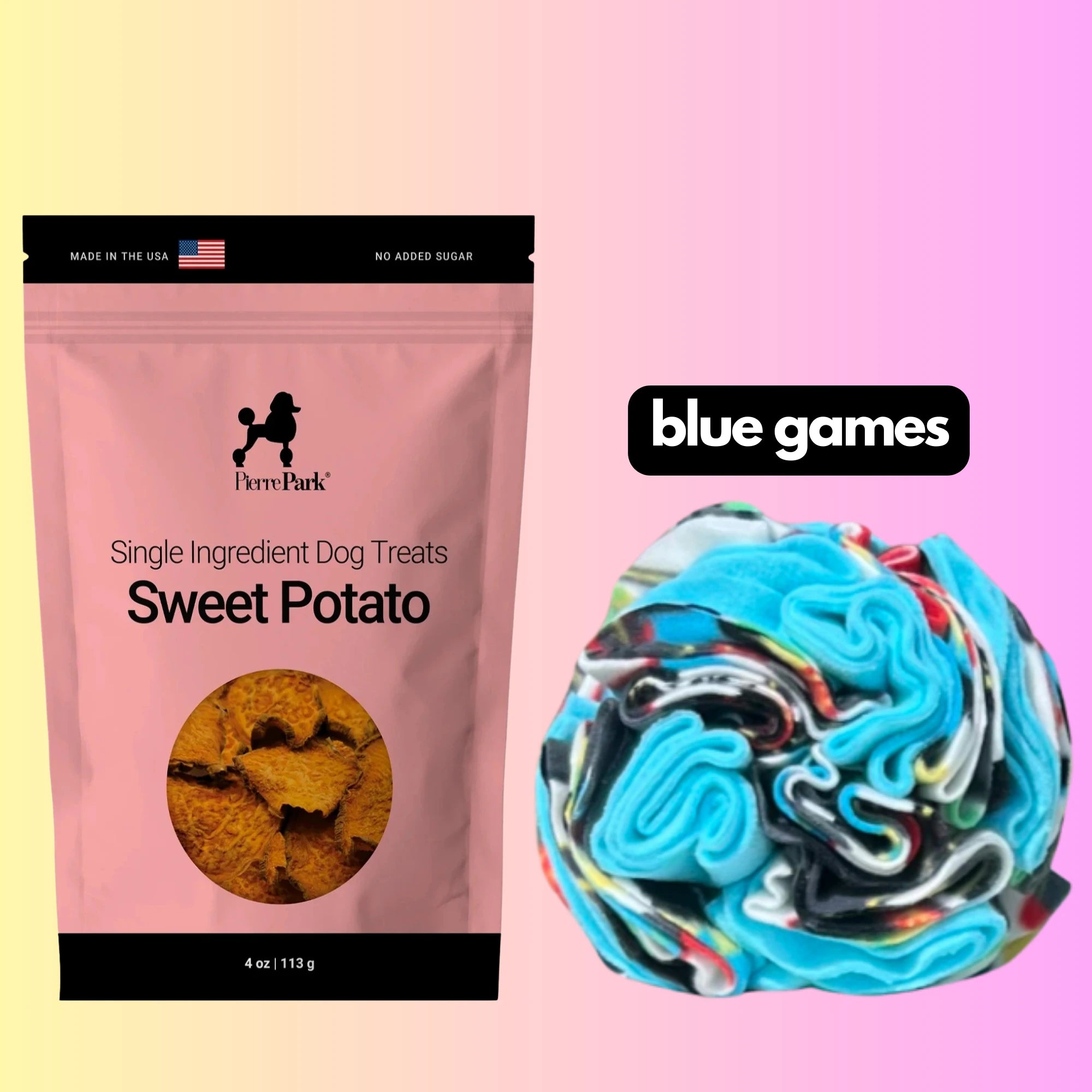 On the left is a pink PierrePark Sweet Potato Dog Treats bag, and on the right is a multi-colored rolled-up fabric labeled Blue Games. The background features a pastel pink and yellow gradient.