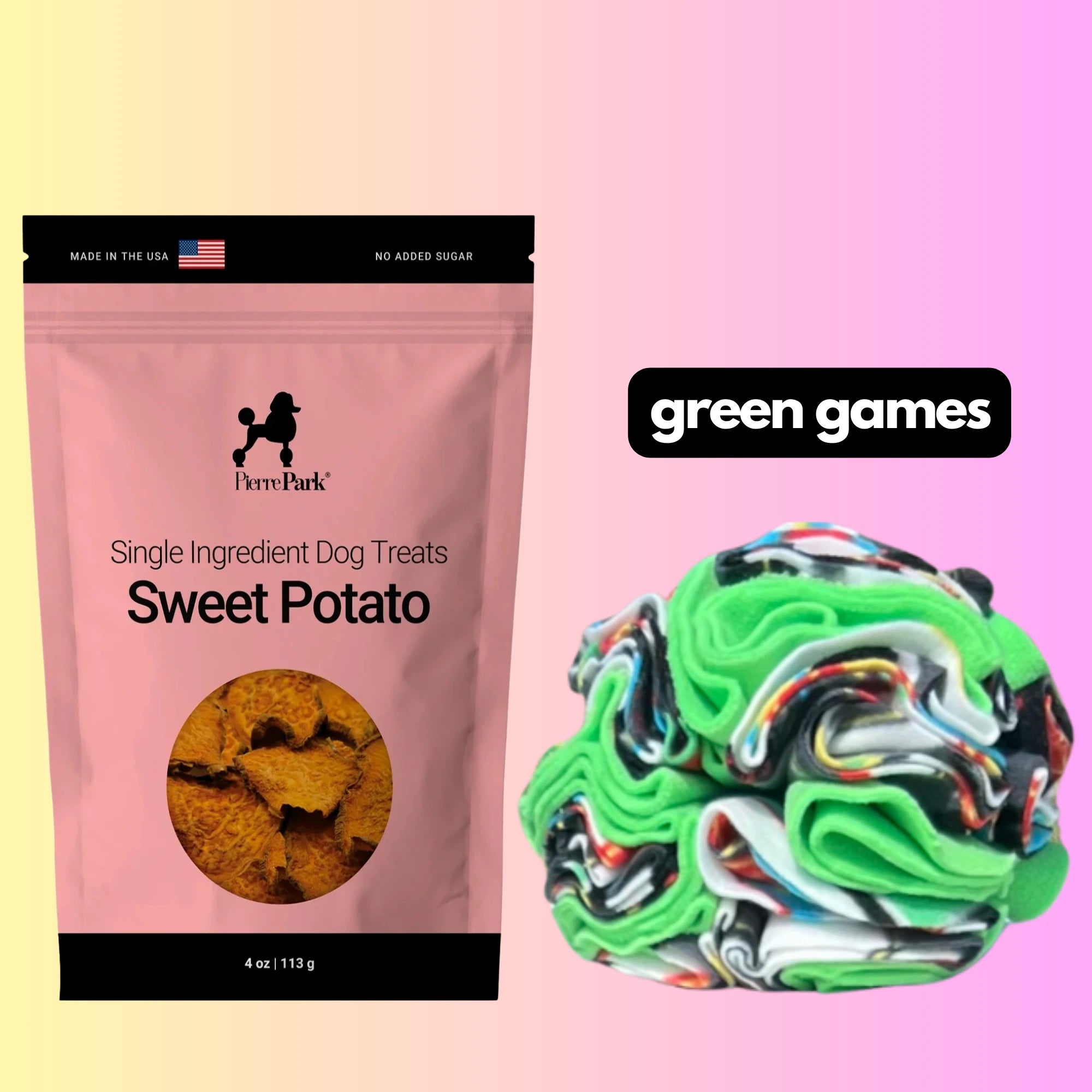 A bag labeled PierrePark Sweet Potato Dog Treats & Green Games Snuffle Ball Bundle sits next to a multicolored fabric toy, with a pink, yellow, and purple gradient background. Bold black text displays green games.