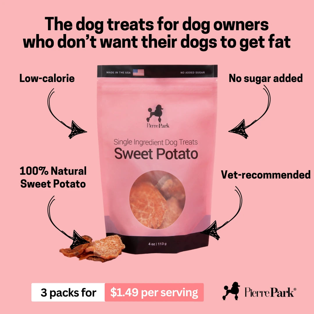 PierrePark Sweet Potato Dog Treats are 100% natural, low-calorie, and have no sugar added. Rich in fiber and antioxidants, these vet-recommended treats come in a pink bag; get 3 packs for $1.49 per serving on a pink background.