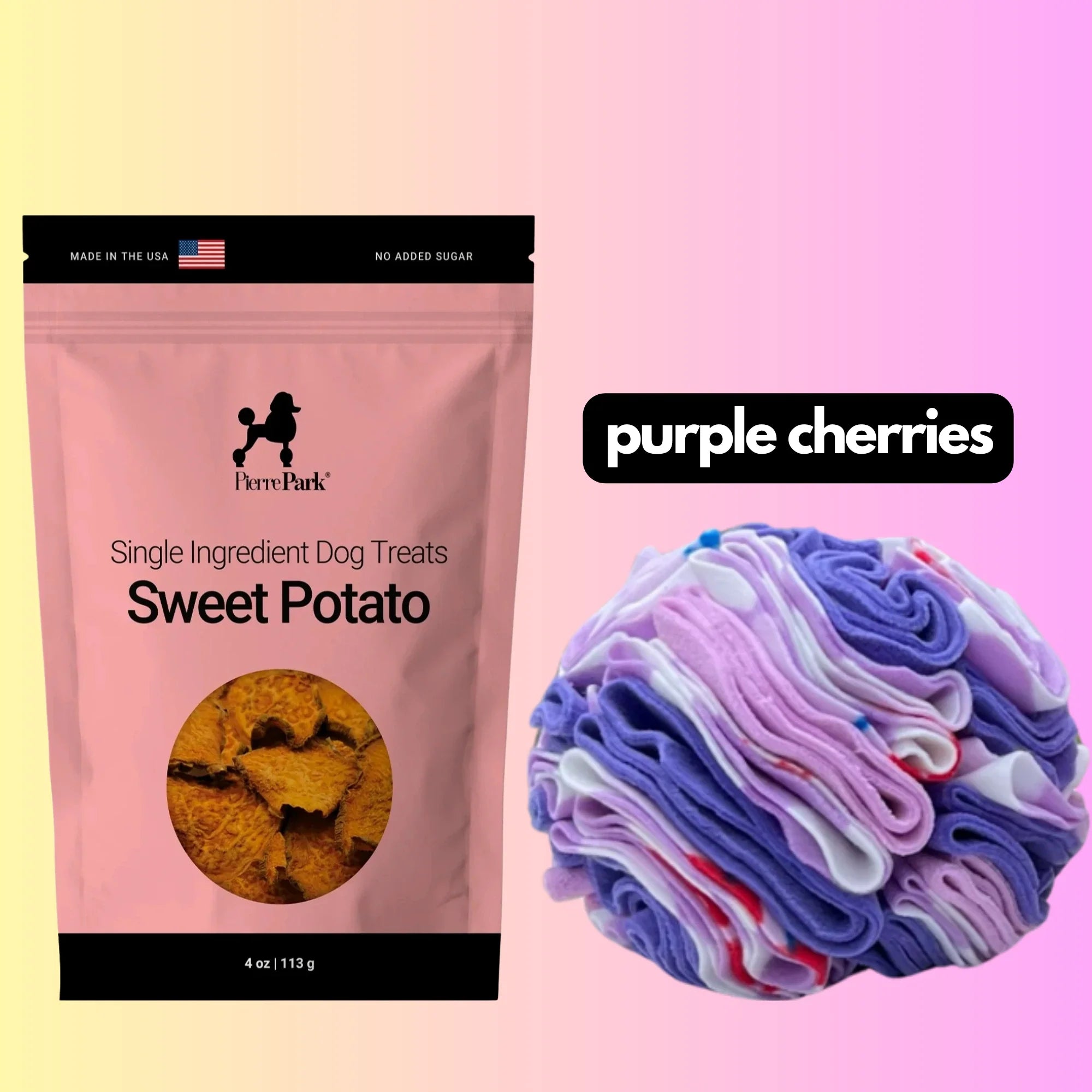 A pink bag of PierreParks Sweet Potato Dog Treats & Snuffle Ball Bundle is displayed against a pink and purple gradient, with the toys fabric in shades of purple, white, and red and purple cherries above.