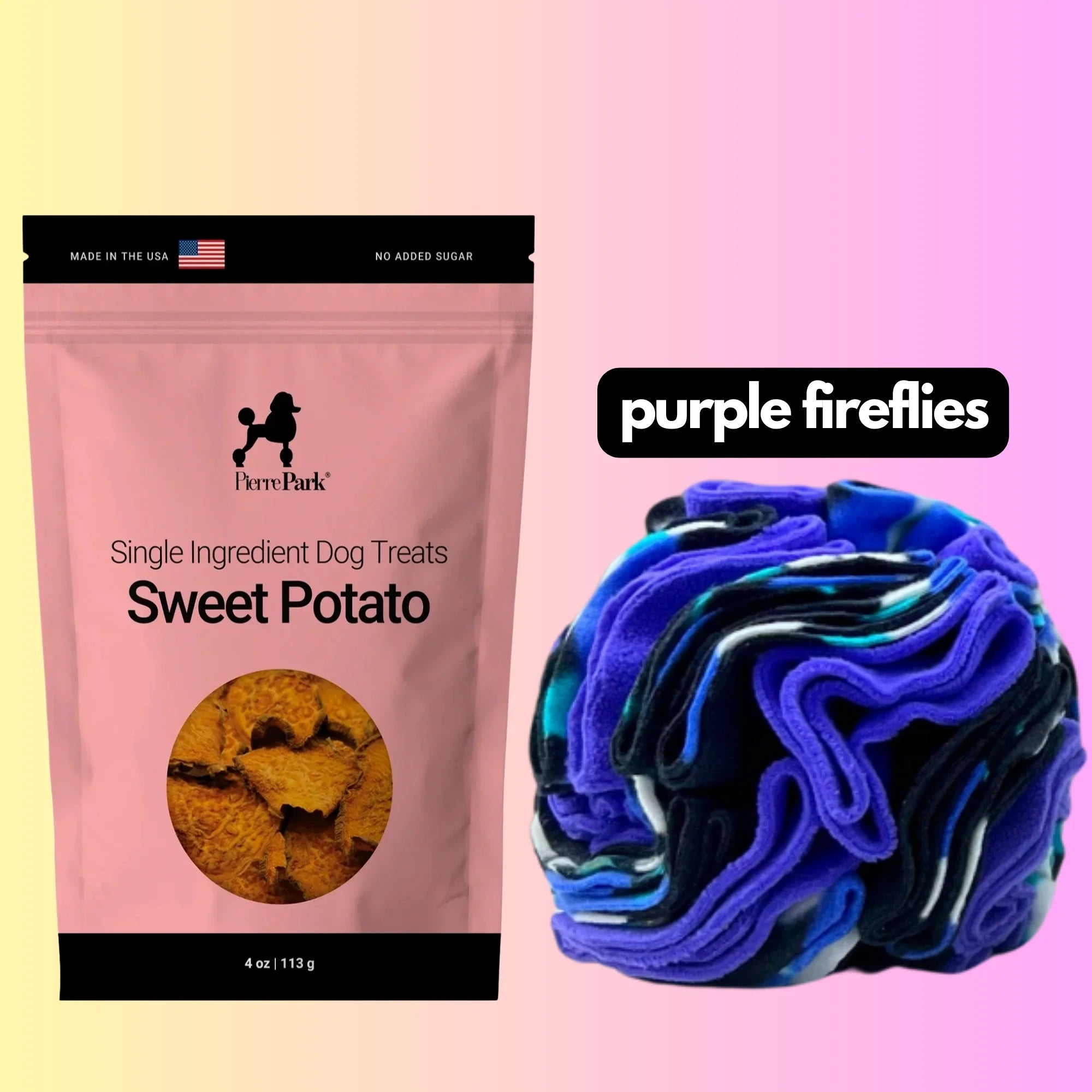 On the left, a pink pack of PierreParks Sweet Potato Dog Treats says Single Ingredient Dog Treats. Beside it lies a vibrant pet toy with blue and purple hues labeled purple fireflies from the Sweet Potato Dog Treats & Snuffle Ball Bundle.