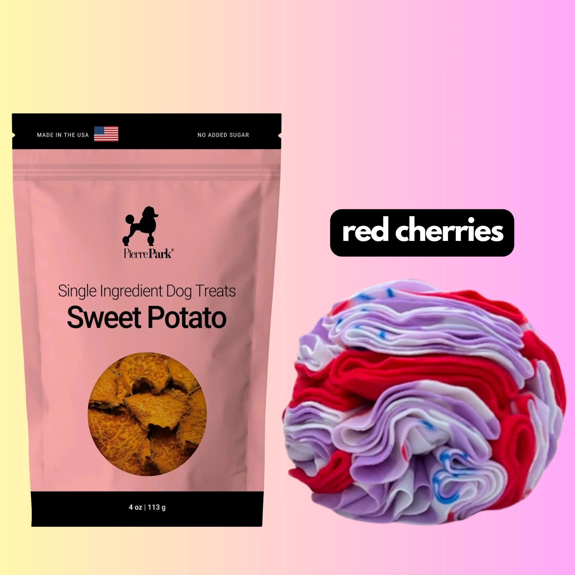 On the left is PierreParks Sweet Potato Dog Treats with a U.S. flag label, and on the right, a red, pink, and white crumpled fabric labeled red cherries appears against a gradient pink and yellow background.