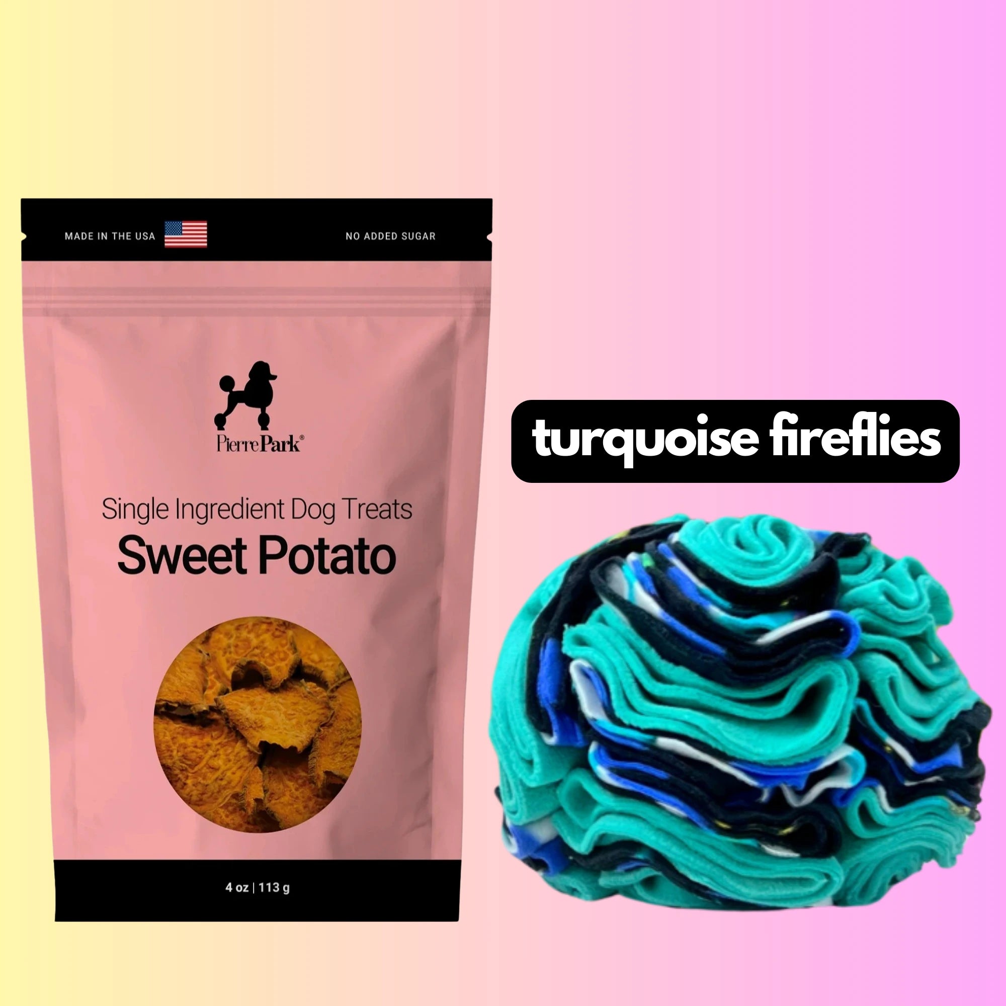 A bag of PierrePark Sweet Potato Dog Treats is beside a multi-colored snuffle mat in turquoise, black, and green patterns. The phrase turquoise fireflies appears on a black backdrop above the mat, set against a pastel gradient background.