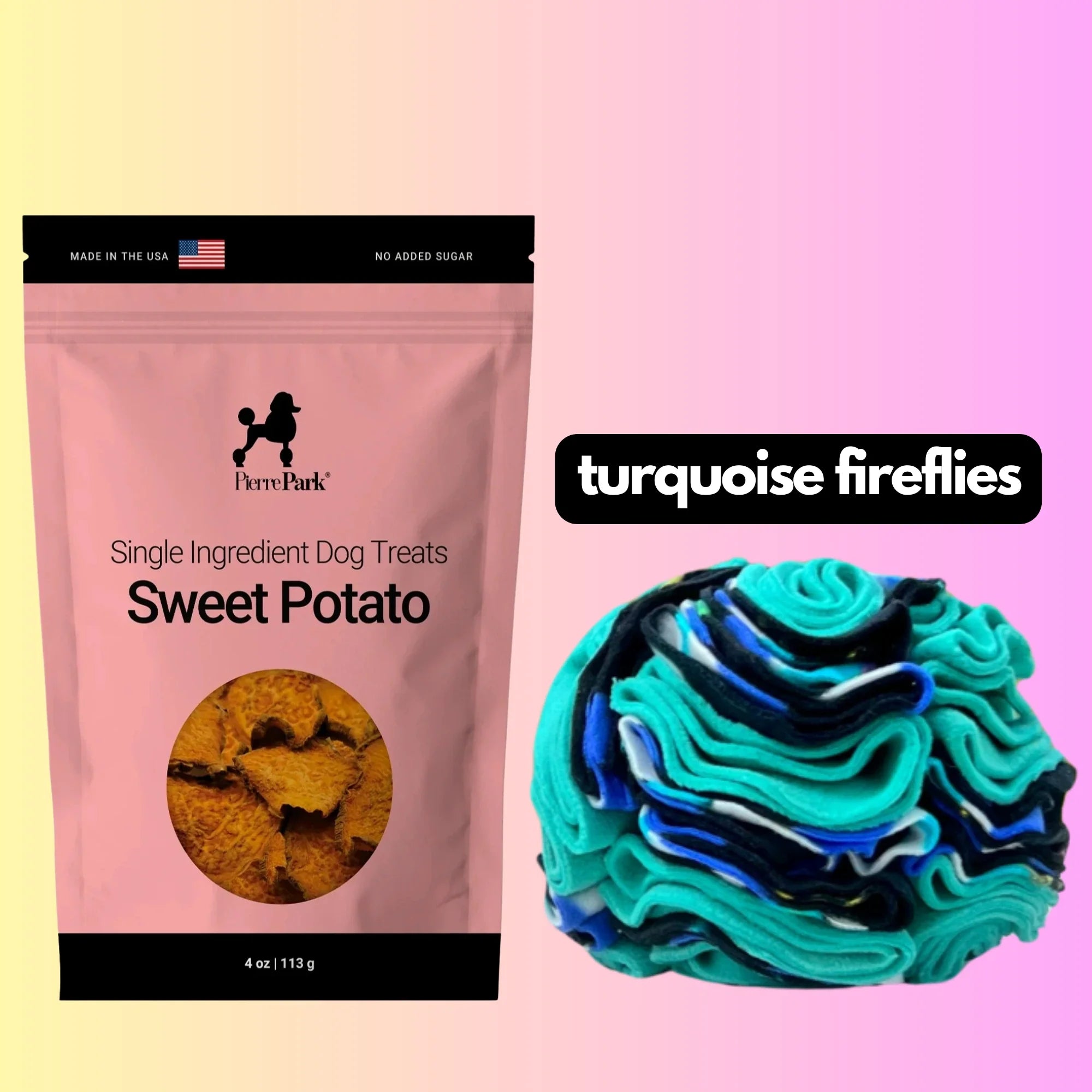 The Sweet Potato Dog Treats & Snuffle Ball Bundle by PierrePark features a bag labeled Sweet Potato beside a colorful snuffle ball in turquoise, blue, and black. A pastel pink to yellow gradient forms the background with turquoise fireflies above the toy.