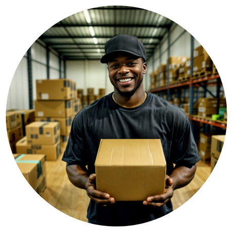 A person wearing a black cap and t-shirt smiles while holding a cardboard box in a warehouse filled with stacked boxes on shelves. The scene suggests a busy and organized storage or shipping environment.