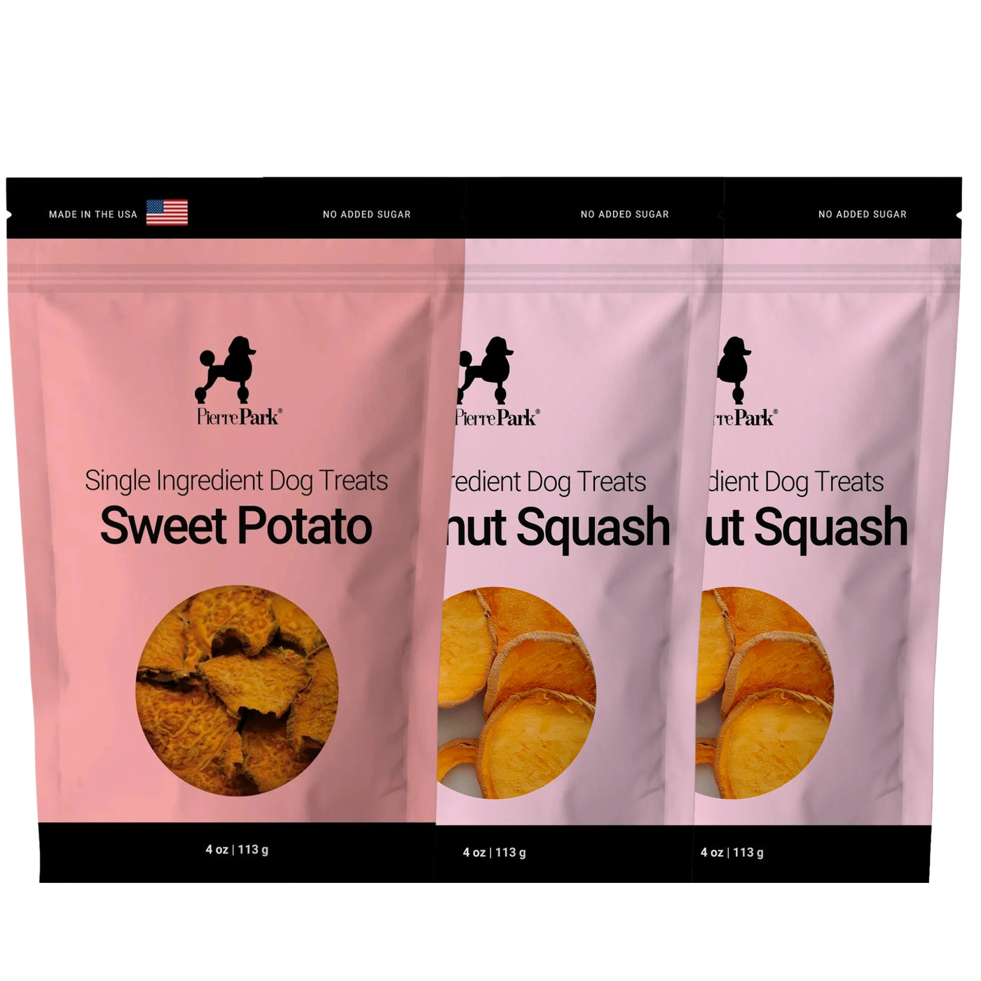 Three pink bags from PierrePark’s Sweet Potato and Butternut Squash Dog Treat 3-Pack—one Sweet Potato and two Butternut Squash—feature images of the treats inside. The packaging highlights no added sugar and made-in-USA quality.
