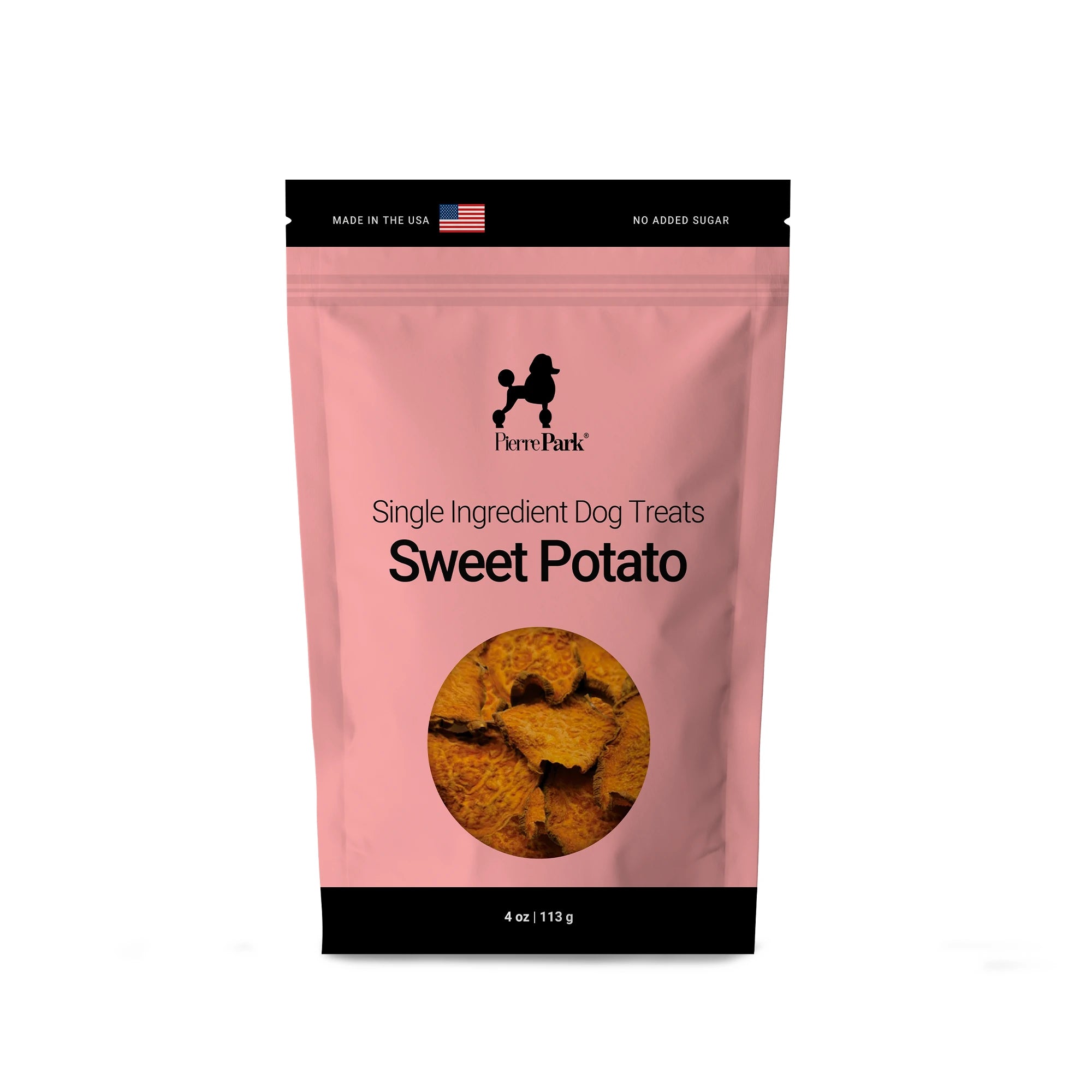 Sweet potato dog treats by PierrePark in a pink bag, labeled Made in the USA with No Added Sugar, showing visible product slices through a transparent window.