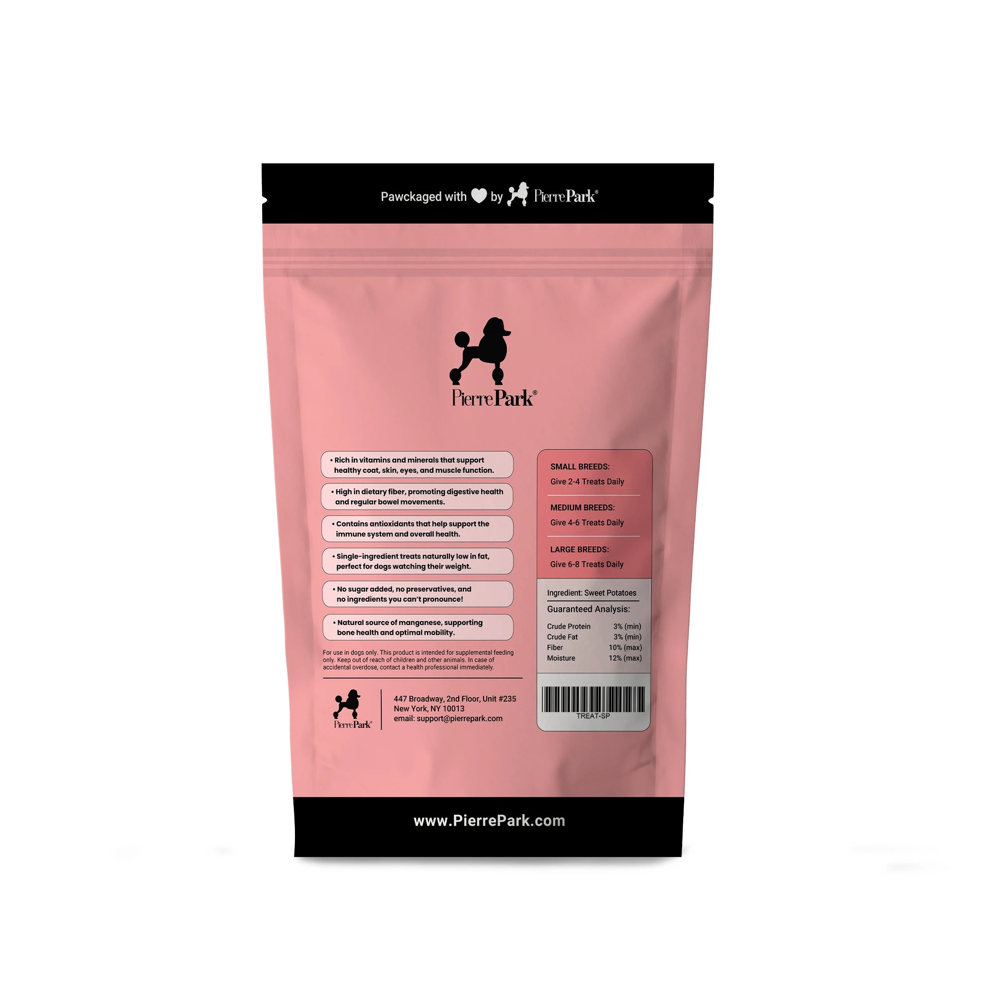 Back view of a PierrePark sweet potato single ingredient dog treats package in pink, displaying nutritional information and feeding guidelines for small, medium, and large breeds. The package highlights benefits such as no sugar added and high in dietary fiber, along with the brand's website, www.PierrePark.com, and contact details.