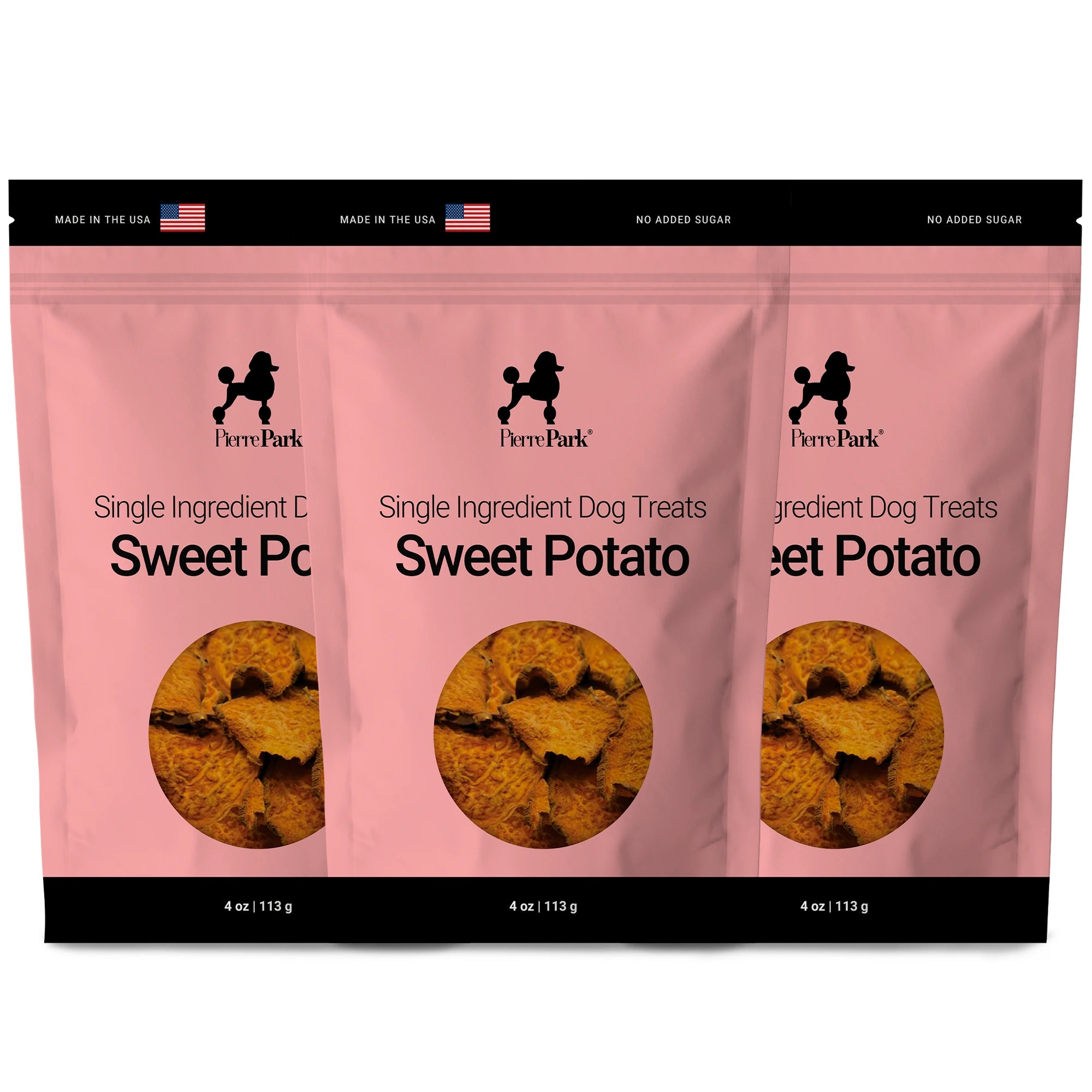 Three-pack of sweet potato single ingredient dog treats by PierrePark in a pink bag, labeled Made in the USA with No Added Sugar, showing visible product slices through a transparent window.