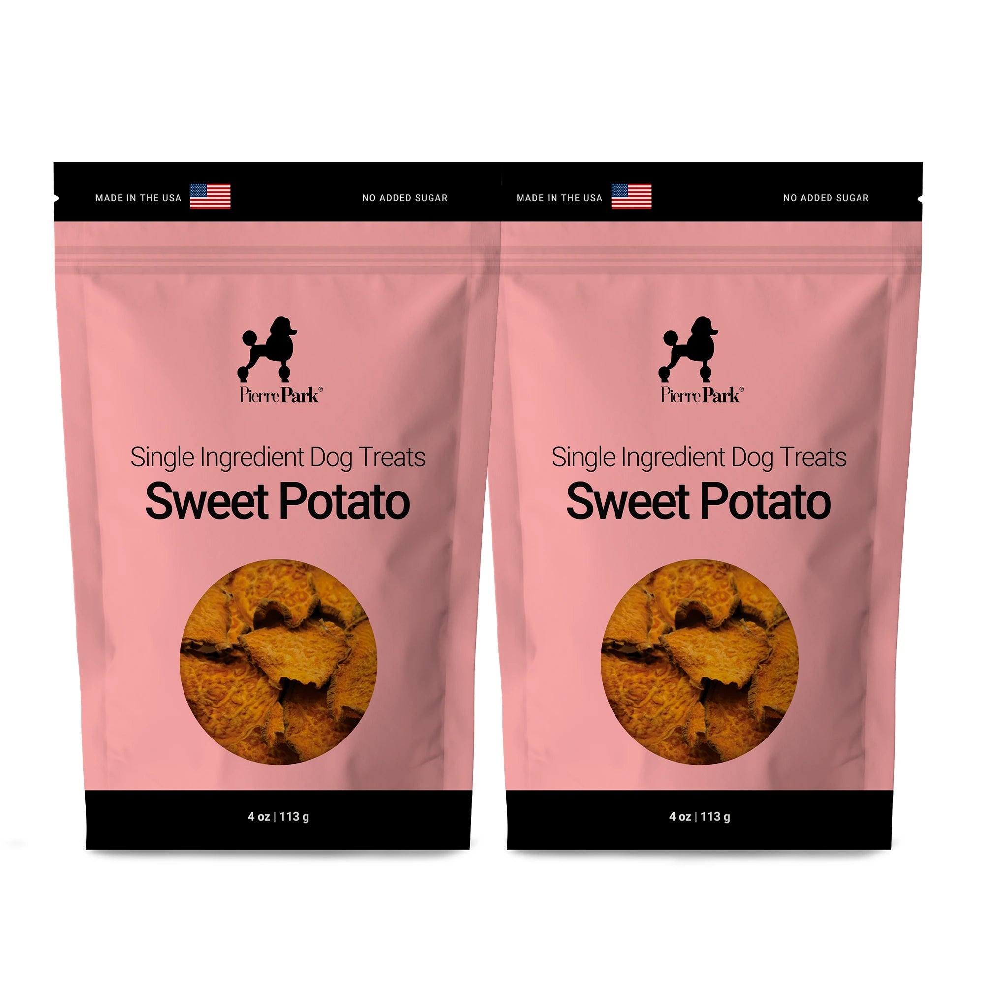 Two-pack of sweet potato single ingredient dog treats by PierrePark in a pink bag, labeled Made in the USA with No Added Sugar, showing visible product slices through a transparent window.