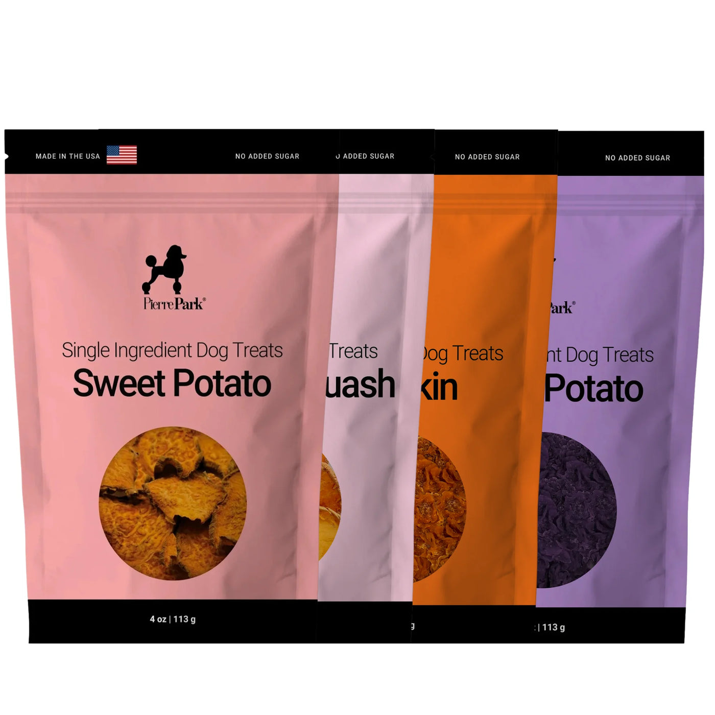 Four vibrant bags from PierrePark’s Four-Flavor Single-Ingredient Dog Treat Variety Pack stand side by side in pink, yellow, orange, and purple, each labeled with a single ingredient flavor: Sweet Potato, Butternut Squash, Pumpkin, and Potato.