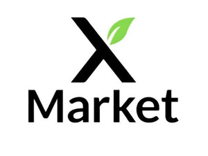 Logo with a large black letter X adorned with a green leaf at the top right, above the word Market in black text. The background is white.