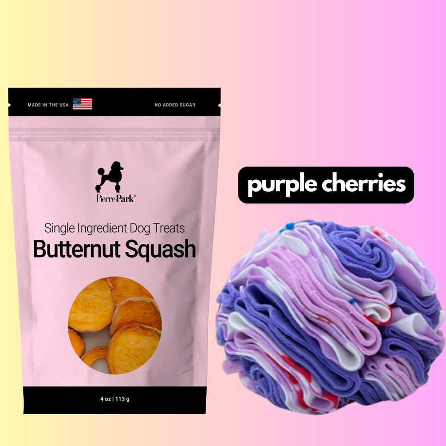 Butternut Squash Dog Treats & Purple Cherries Snuffle Ball Bundle