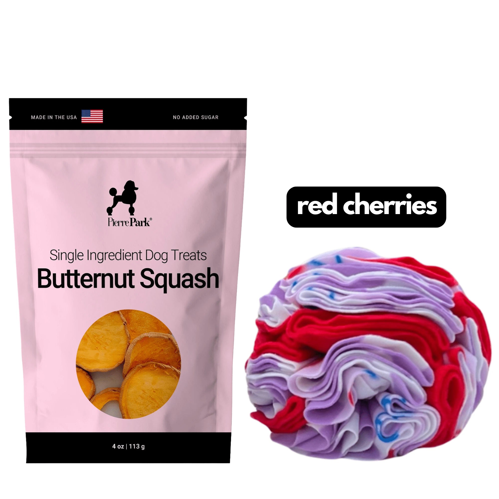 A pink bag of PierrePark Butternut Squash Dog Treats is beside a colorful snuffle ball. A text bubble reads red cherries.