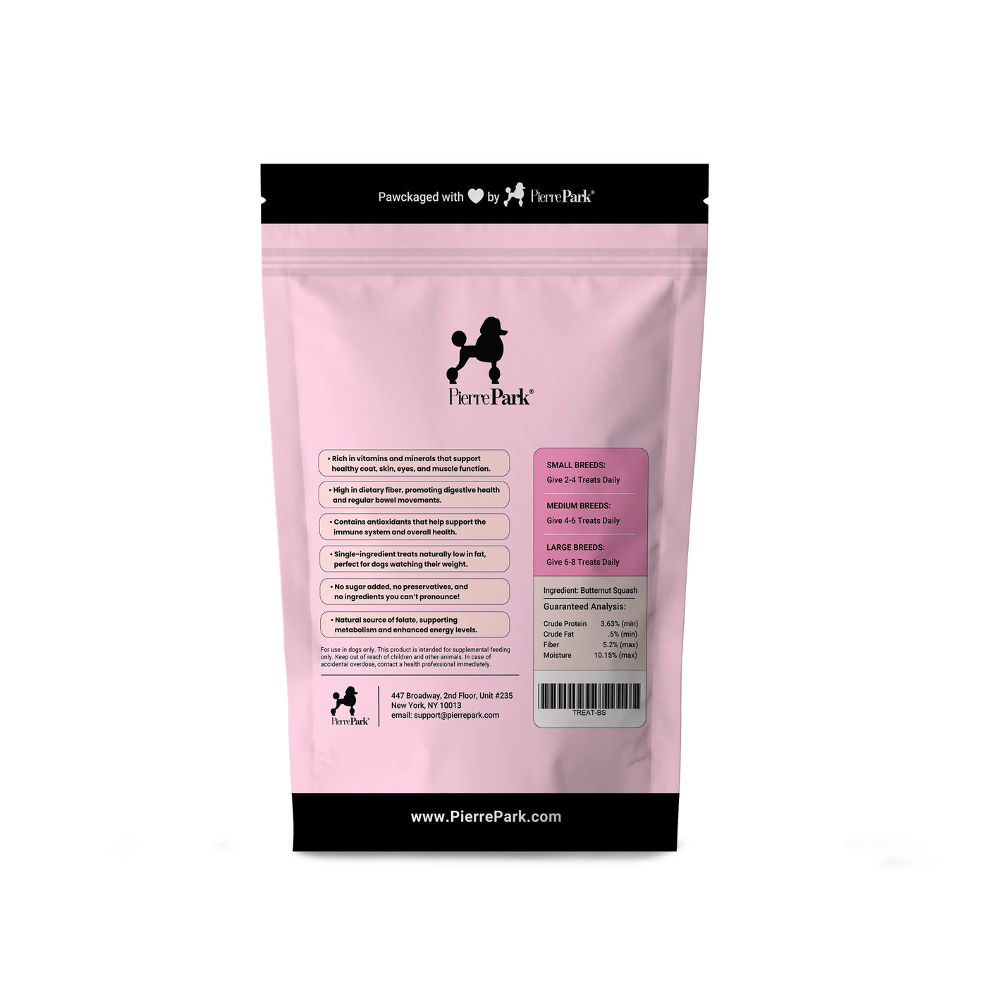 Back view of a PierrePark butternut squash hypoallergenic dog treats package in pink, displaying nutritional information and feeding guidelines for small, medium, and large breeds. The package highlights benefits such as no sugar added and high in dietary fiber, along with the brand's website, www.PierrePark.com, and contact details.