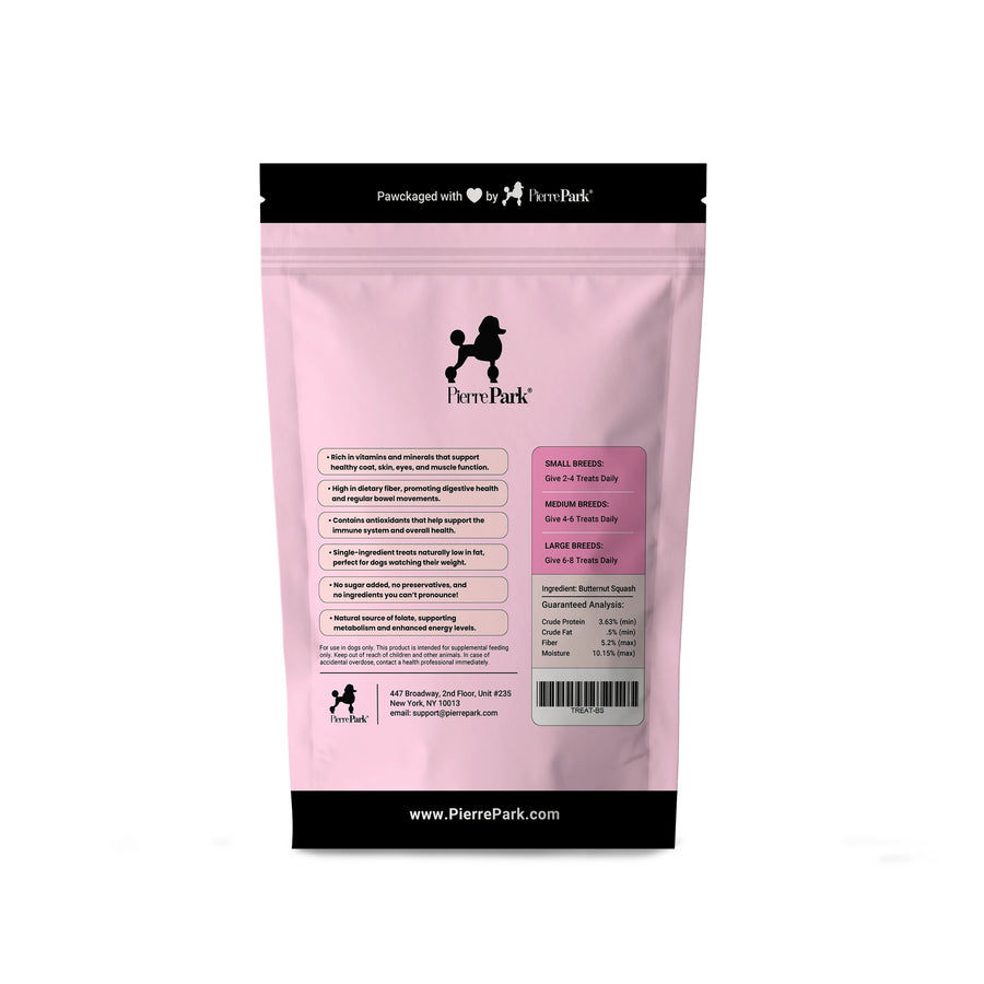 Back view of a PierrePark butternut squash hypoallergenic dog treats package in pink, displaying nutritional information and feeding guidelines for small, medium, and large breeds. The package highlights benefits such as no sugar added and high in dietary fiber, along with the brand's website, www.PierrePark.com, and contact details.