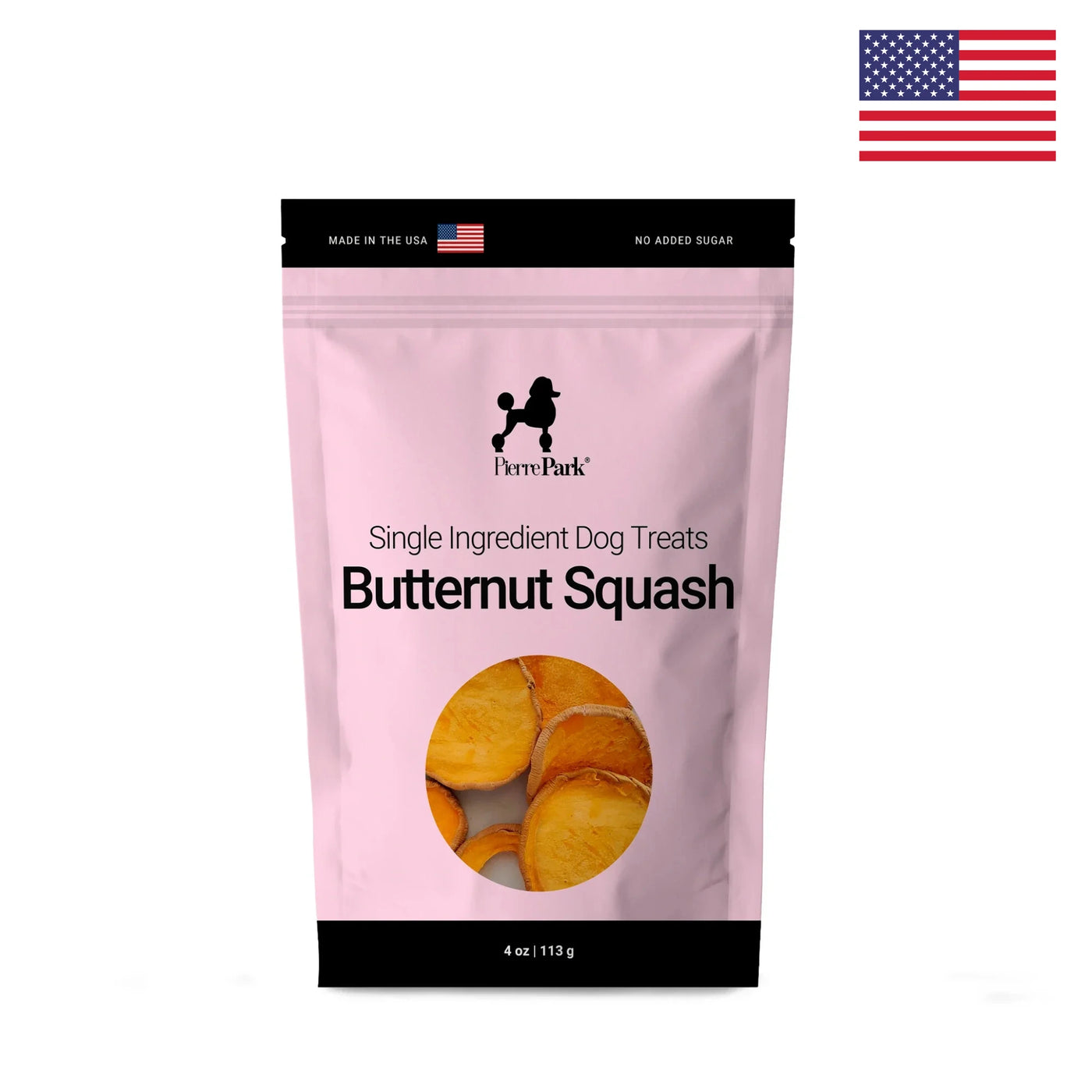 Front view of a PierrePark butternut squash hypoallergenic dog treats package in pink, showing sliced butternut squash, marked Made in the USA, No Added Sugar, with a small American flag in the top right corner.