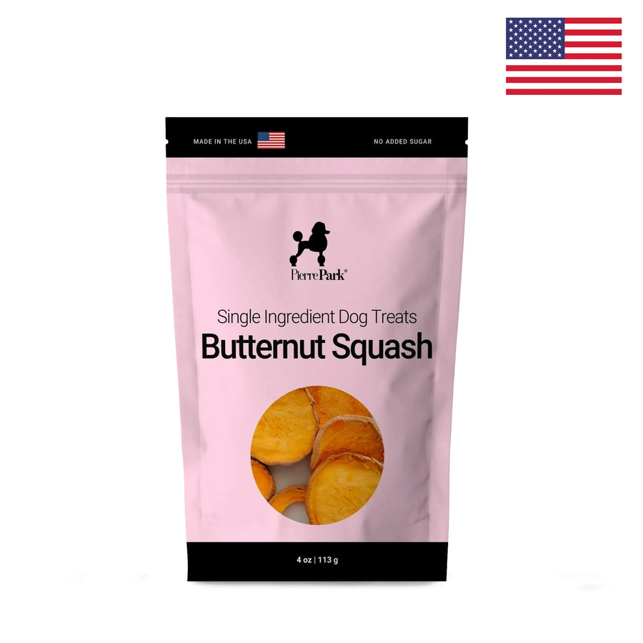 Front view of a PierrePark butternut squash hypoallergenic dog treats package in pink, showing sliced butternut squash, marked Made in the USA, No Added Sugar, with a small American flag in the top right corner.