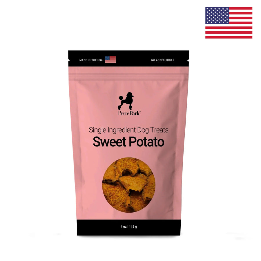 Front view of a PierrePark sweet potato hypoallergenic dog treats package in pink. These single ingredient treats are rich in beta-carotene and provide a boost of dietary fiber for your dog.