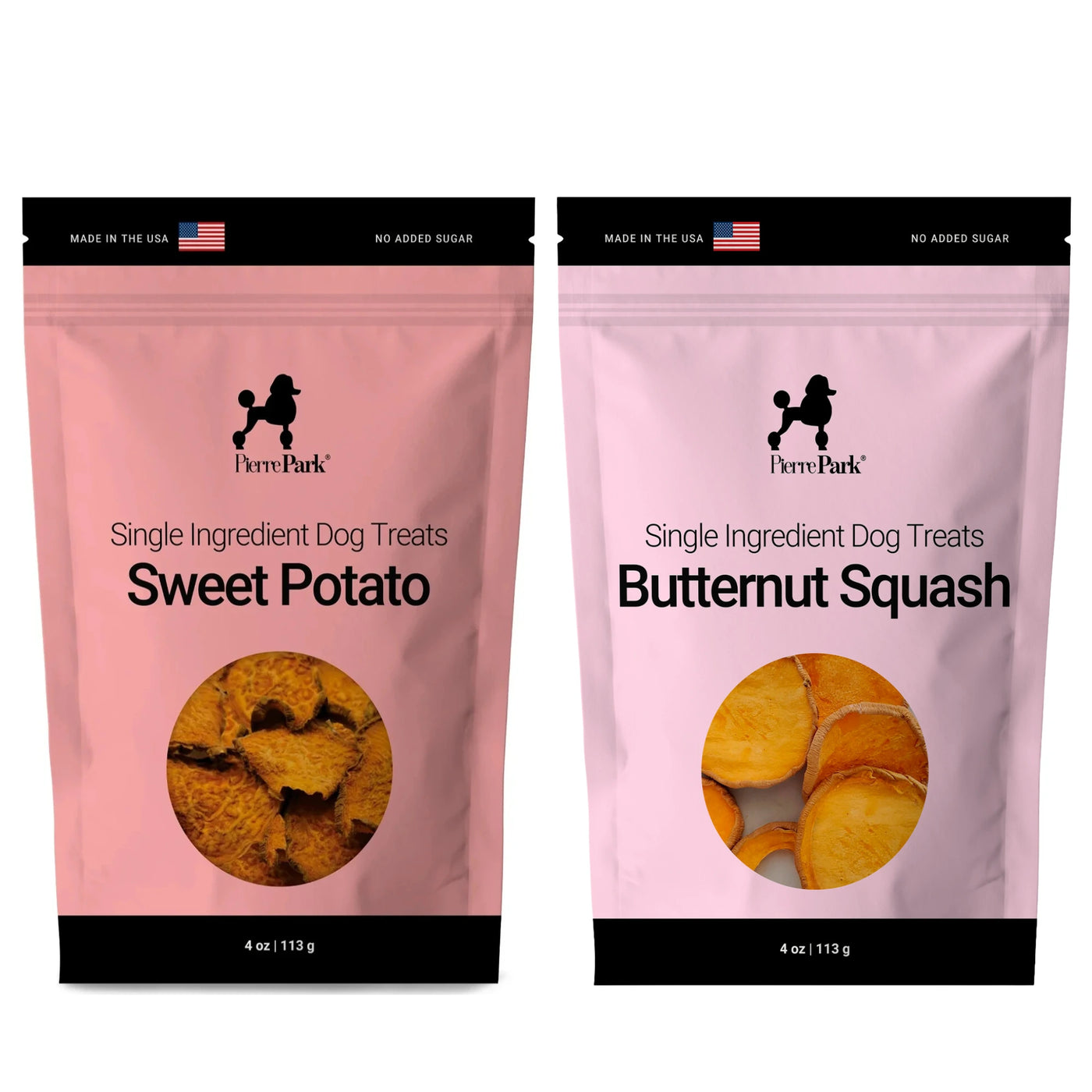 The PierrePark Sweet Potato and Butternut Squash Dog Treat 2-Pack features two pink 4 oz bags—one Sweet Potato and one Butternut Squash—each displaying round dried treat slices and marked “Made in the USA” at the top.