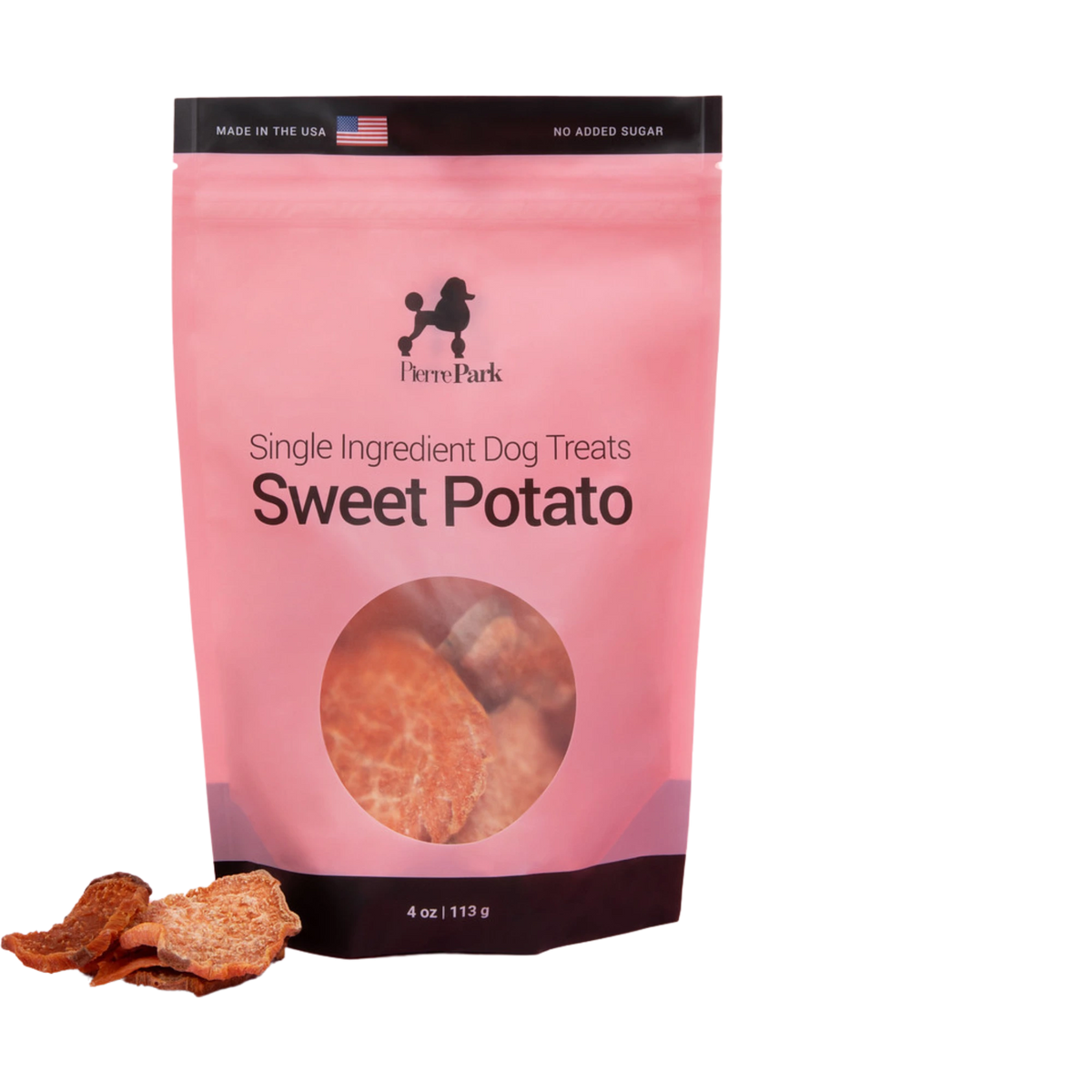 Pink packaging of dog treats labeled Sweet Potato. The bag shows Single Ingredient Dog Treats made in the USA with no added sugar. A small portion of dried sweet potato treats is visible beside the package.